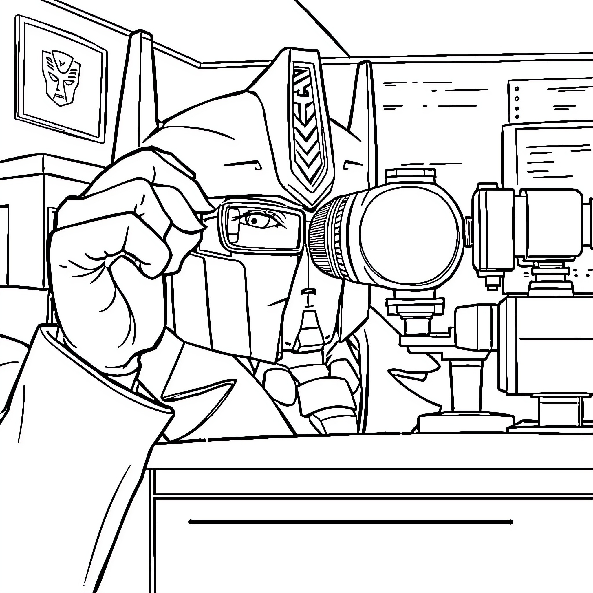 Optimus Prime in an office setting Coloring Page (free black-and-white line drawing printable PDF for all, from beginners to advanced learners, including children, teens, adults, and seniors)