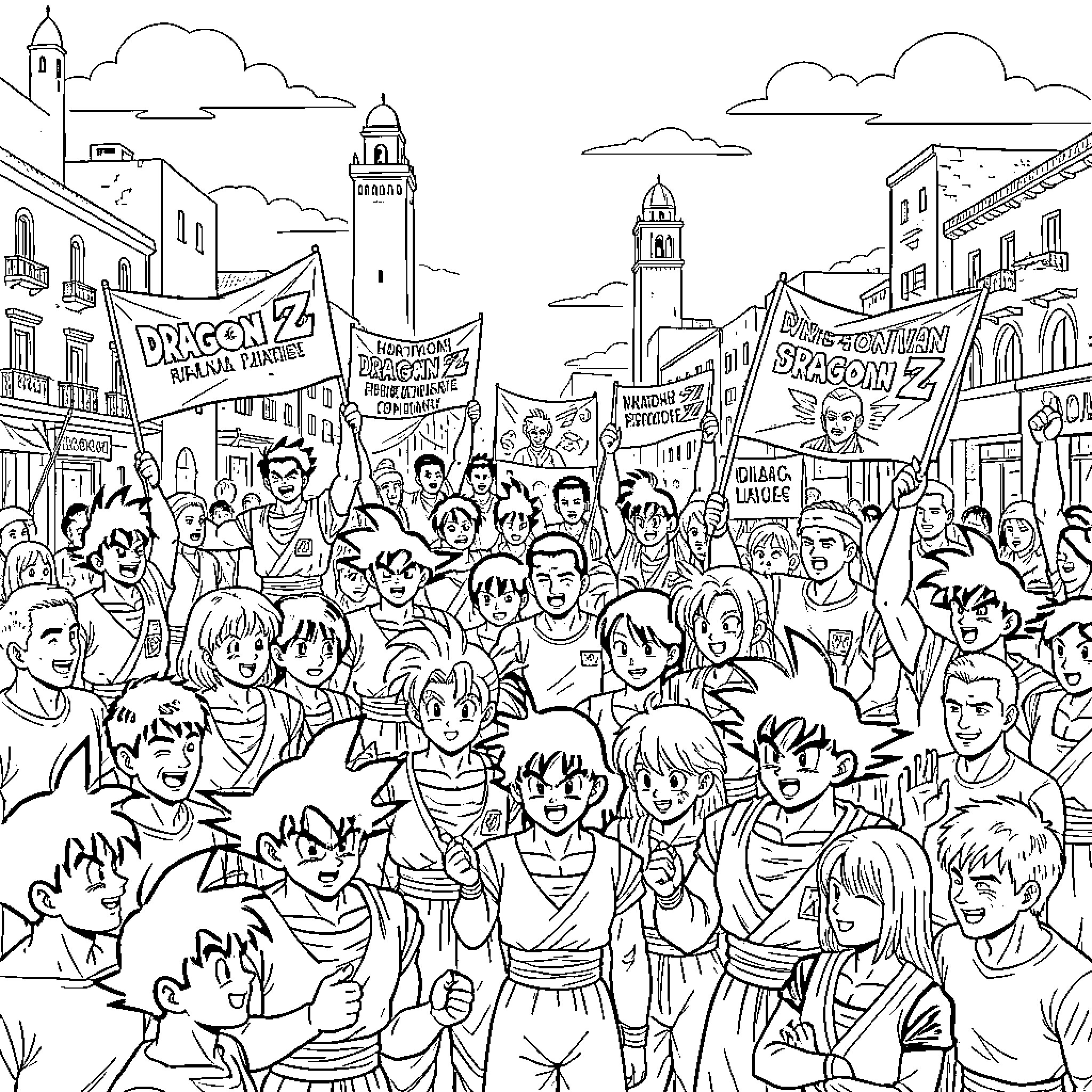 Dragon Ball characters celebrating together with many flags Coloring Page (free black-and-white line drawing printable PDF for all, from beginners to advanced learners, including children, teens, adults, and seniors)