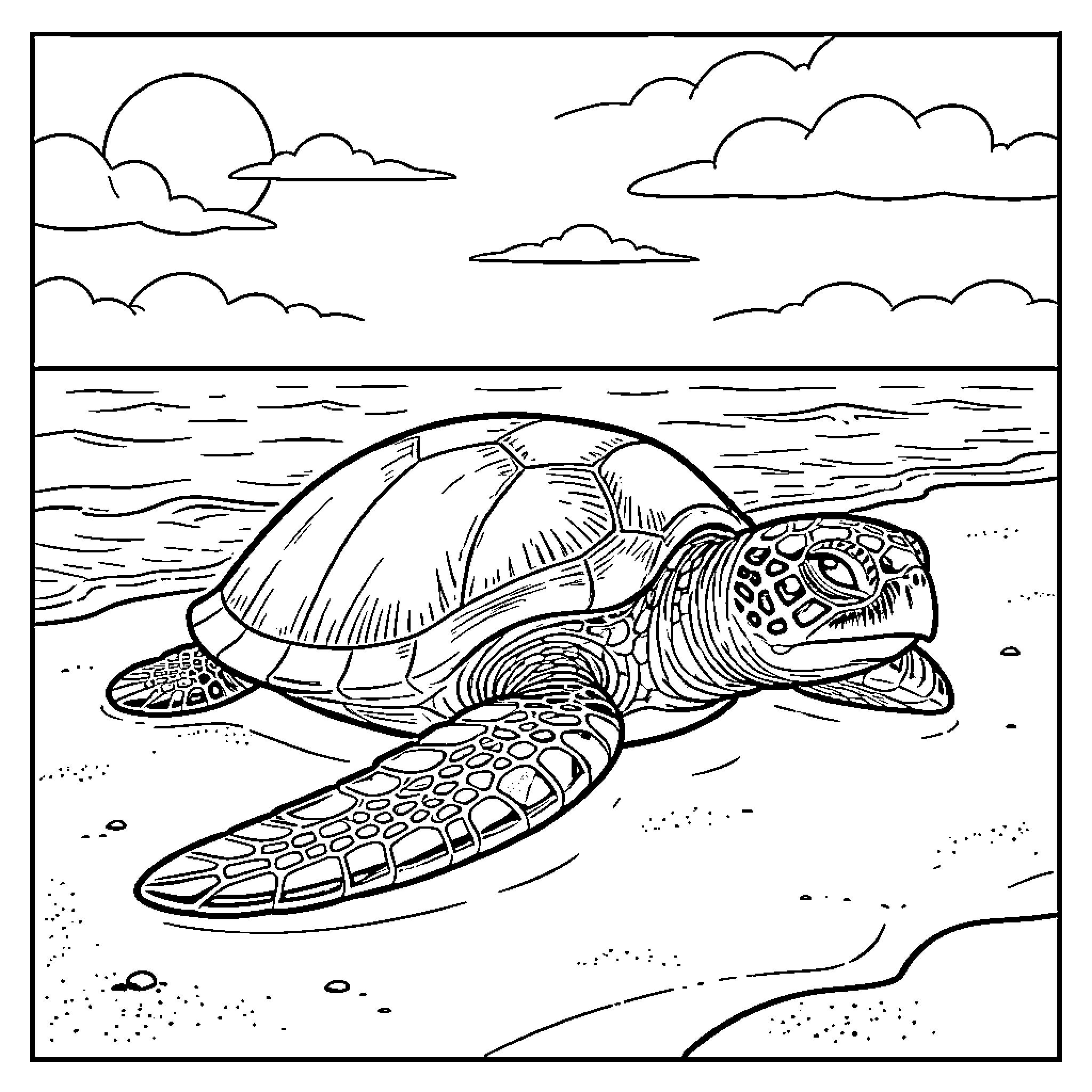 Turtle swimming in the ocean Coloring Page (free black-and-white line drawing printable PDF for all, from beginners to advanced learners, including children, teens, adults, and seniors)