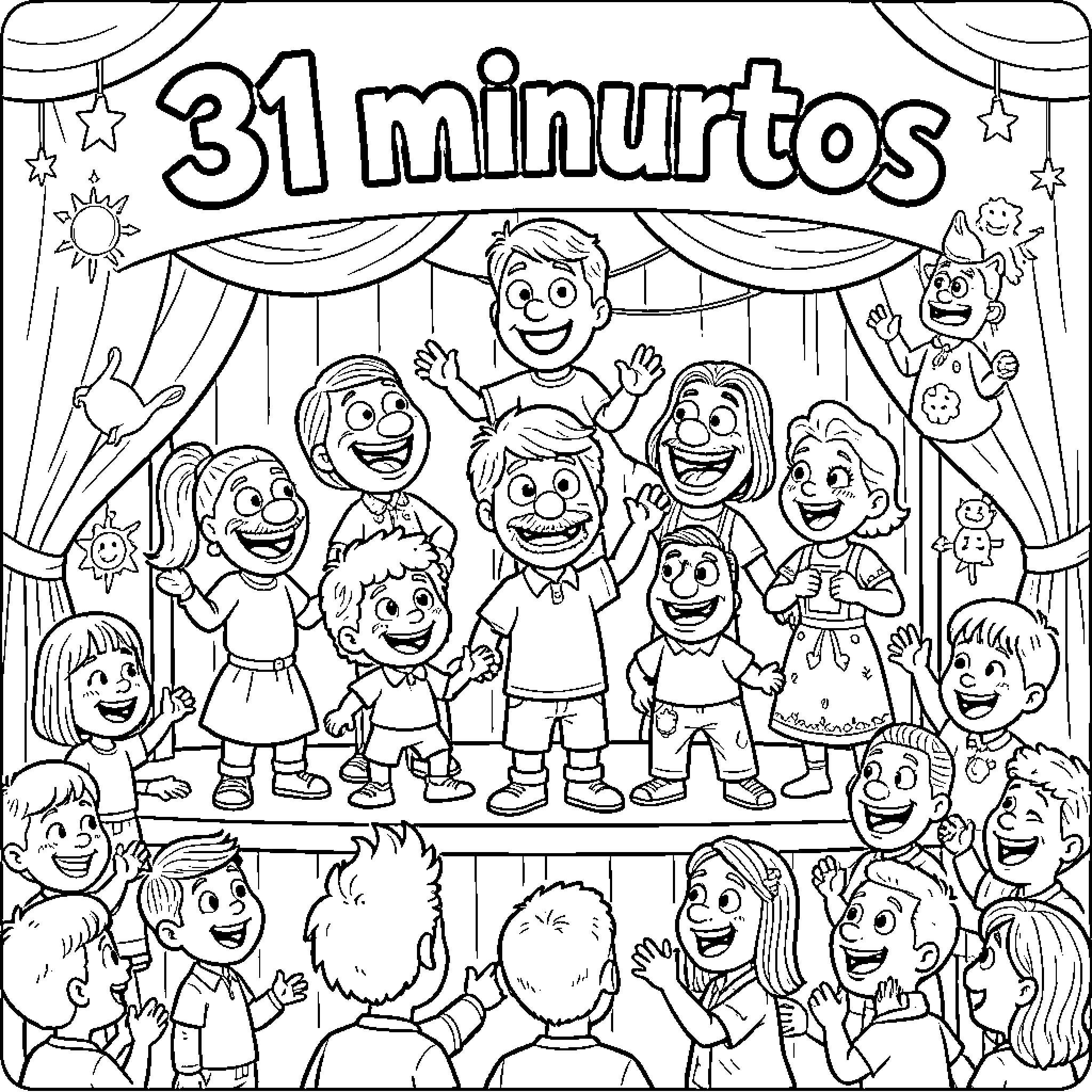 31 Minurtos: Characters Performing on Stage Coloring Page (free black-and-white line drawing printable PDF for all, from beginners to advanced learners, including children, teens, adults, and seniors)