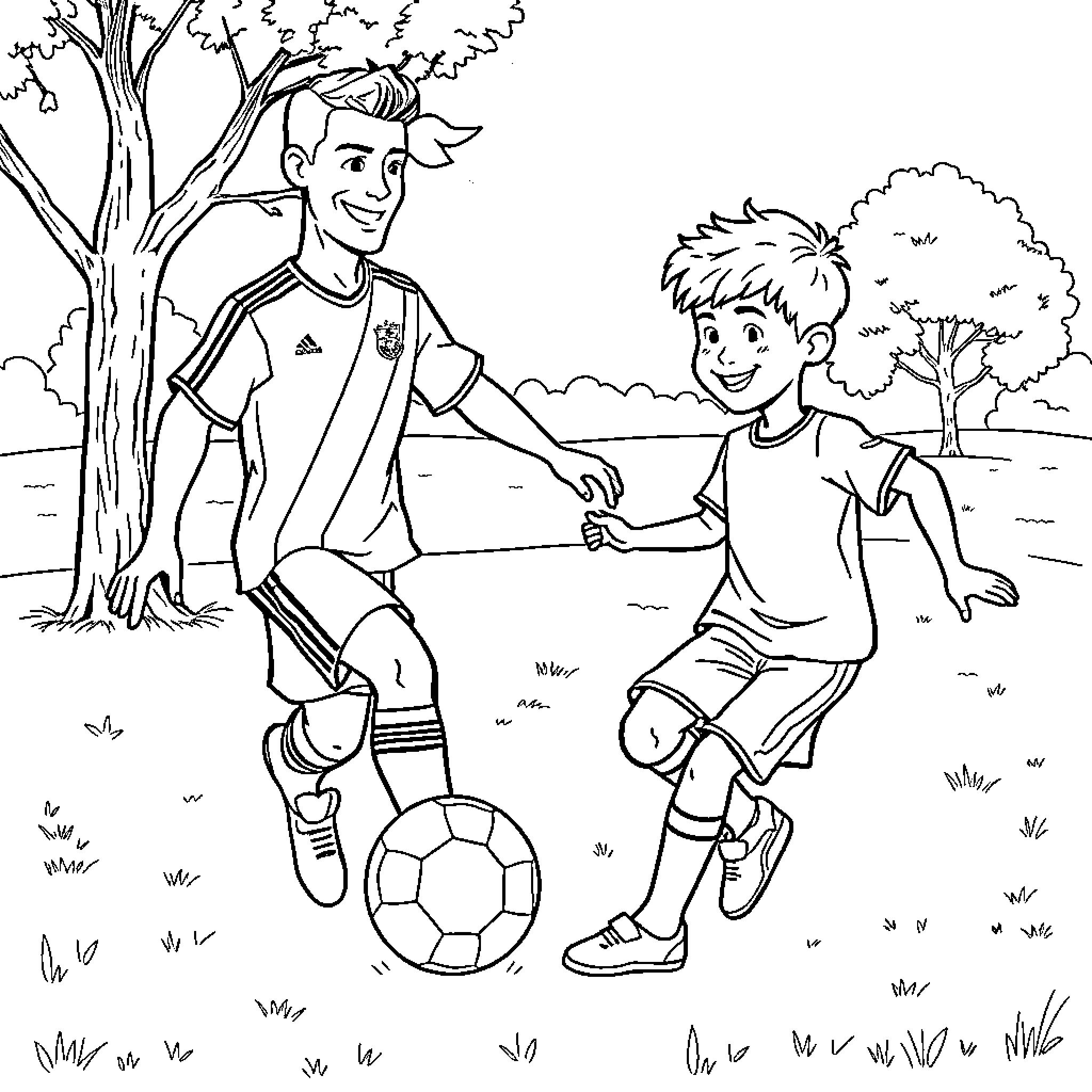 Ronaldo Playing Soccer with Friend in the Park Coloring Page (free black-and-white line drawing printable PDF for all, from beginners to advanced learners, including children, teens, adults, and seniors)