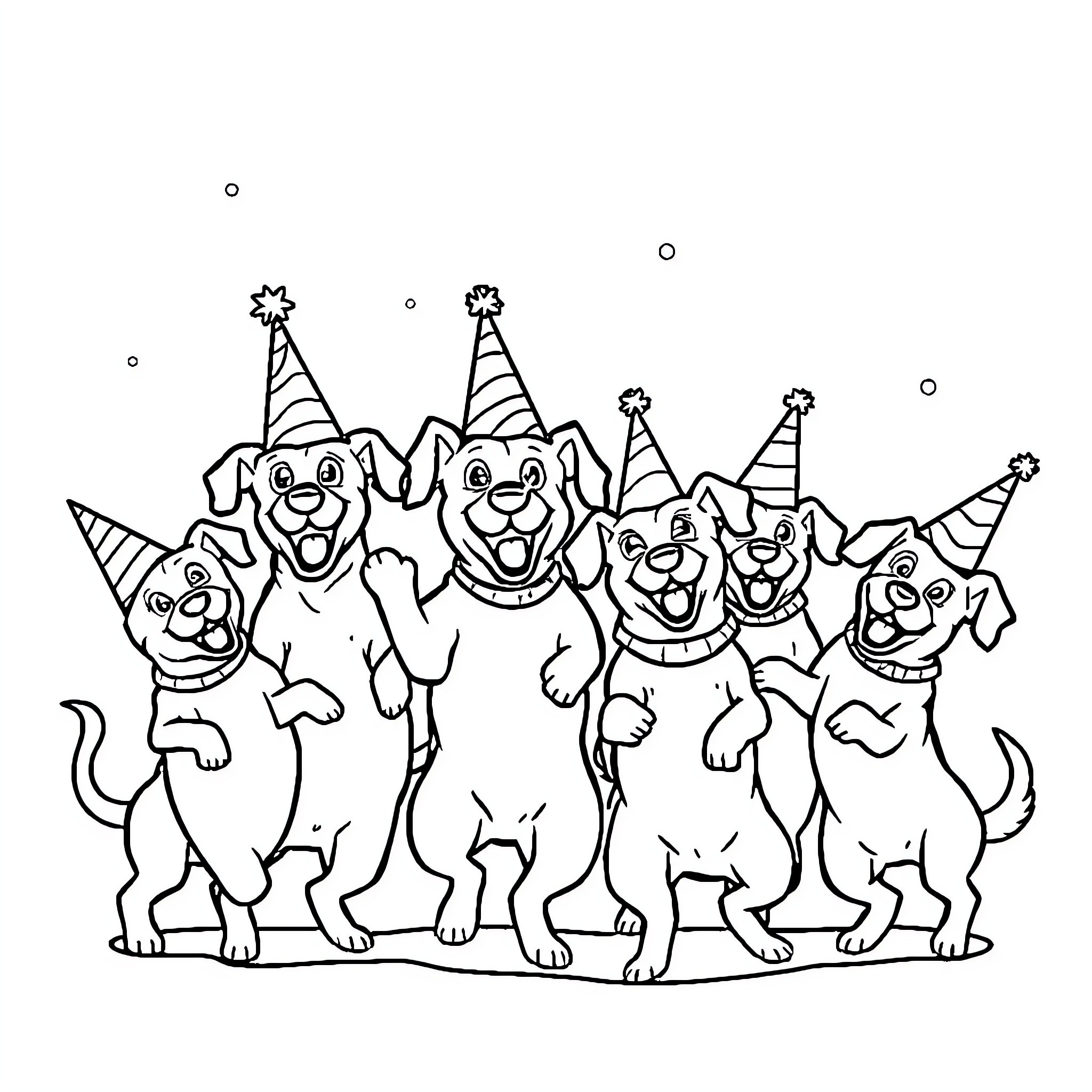 Dogs celebrating together in party hats Coloring Page (free black-and-white line drawing printable PDF for all, from beginners to advanced learners, including children, teens, adults, and seniors)