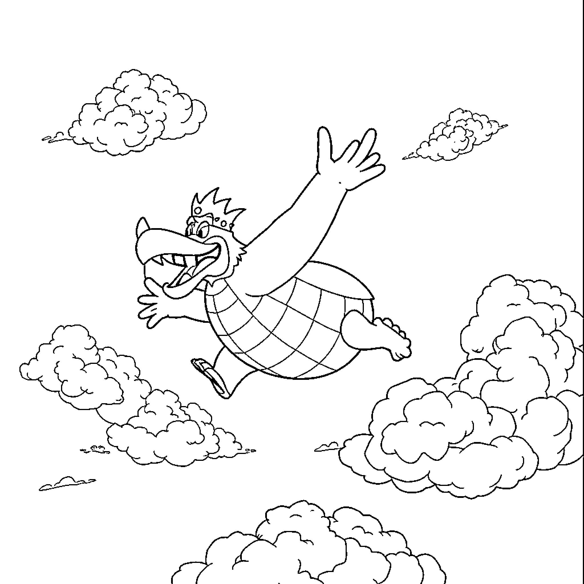 King K. Rool jumping excitedly through the clouds Coloring Page (free black-and-white line drawing printable PDF for all, from beginners to advanced learners, including children, teens, adults, and seniors)