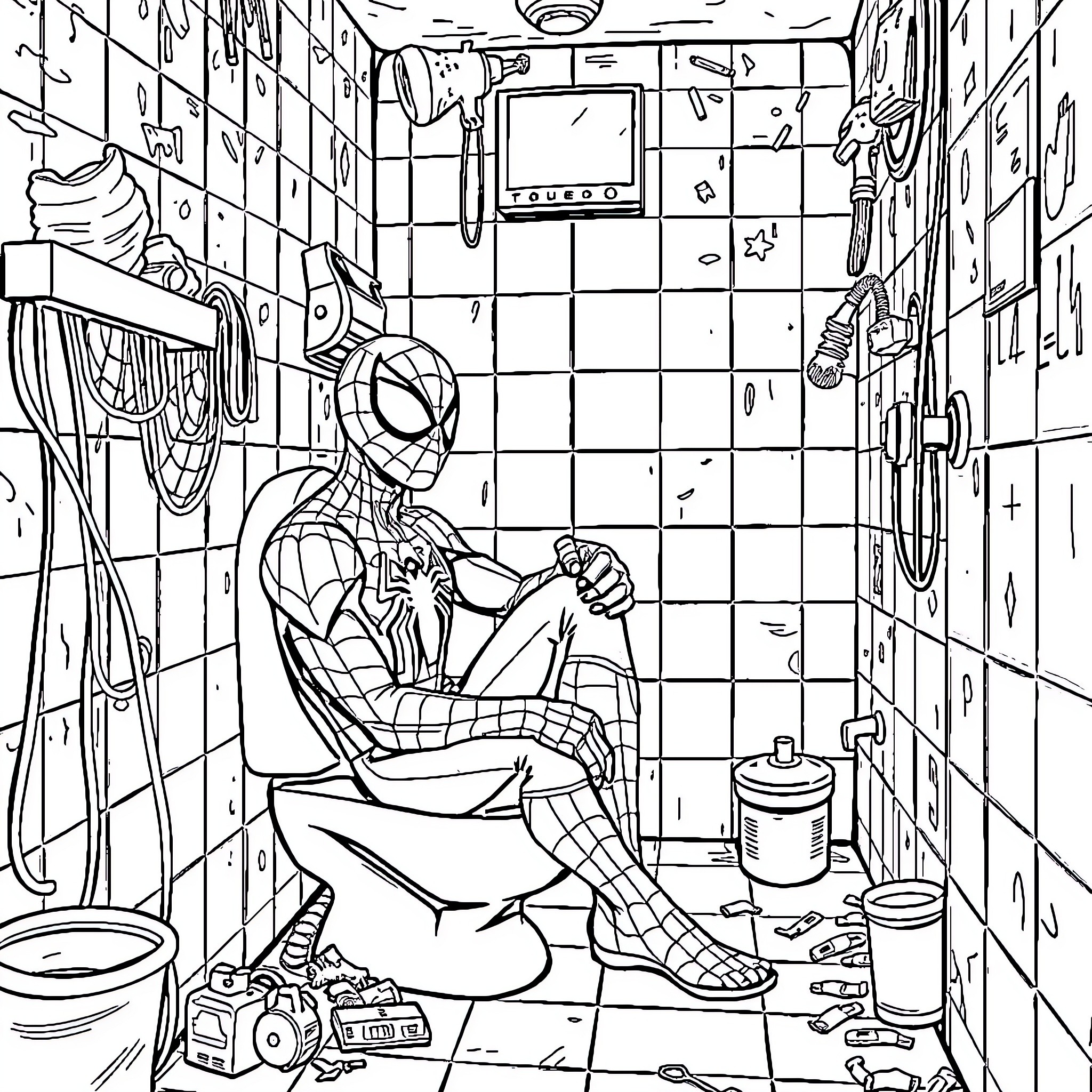 Spiderman resting on the toilet in an unusual setting Coloring Page (free black-and-white line drawing printable PDF for all, from beginners to advanced learners, including children, teens, adults, and seniors)