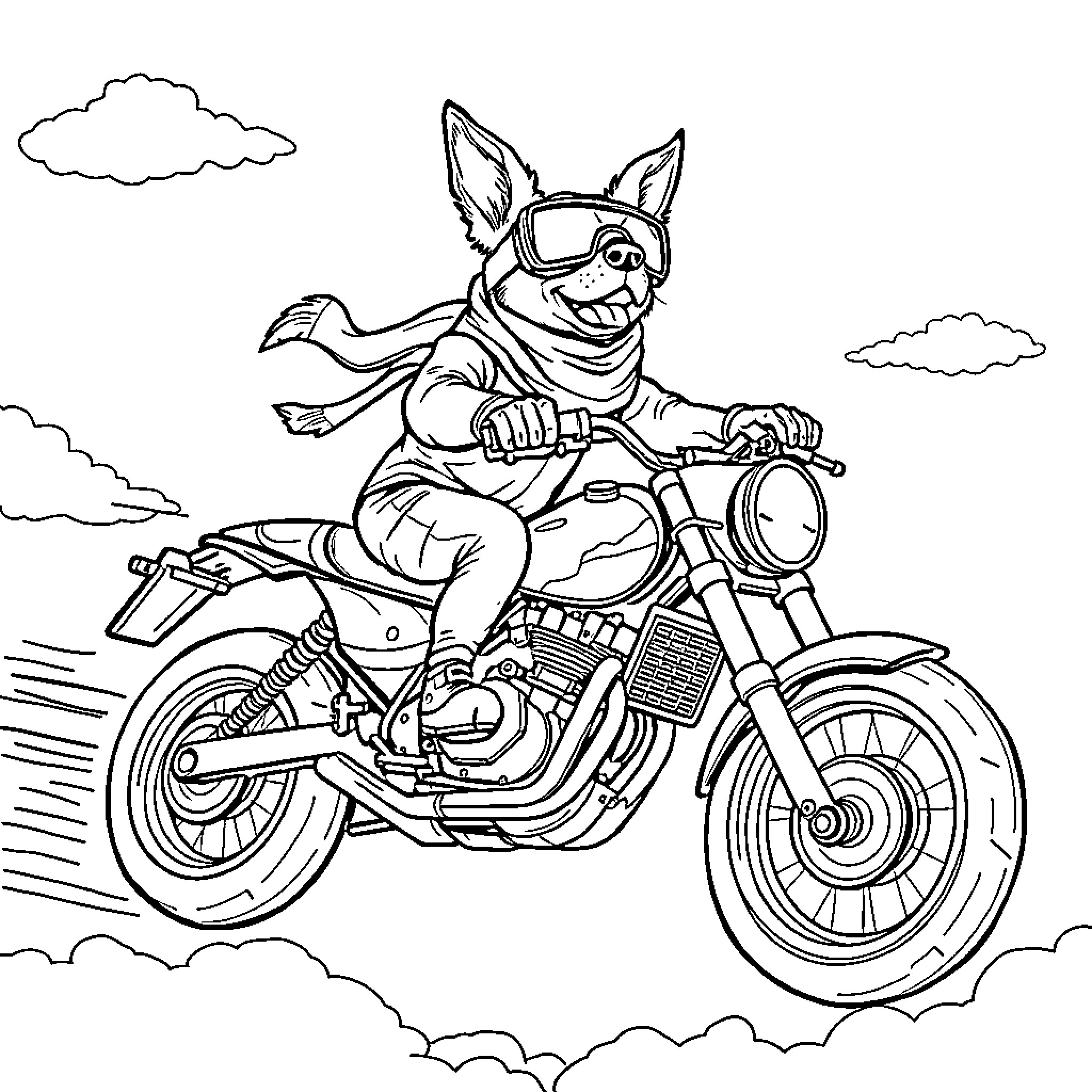 Dog riding a motorcycle through the clouds Coloring Page (free black-and-white line drawing printable PDF for all, from beginners to advanced learners, including children, teens, adults, and seniors)