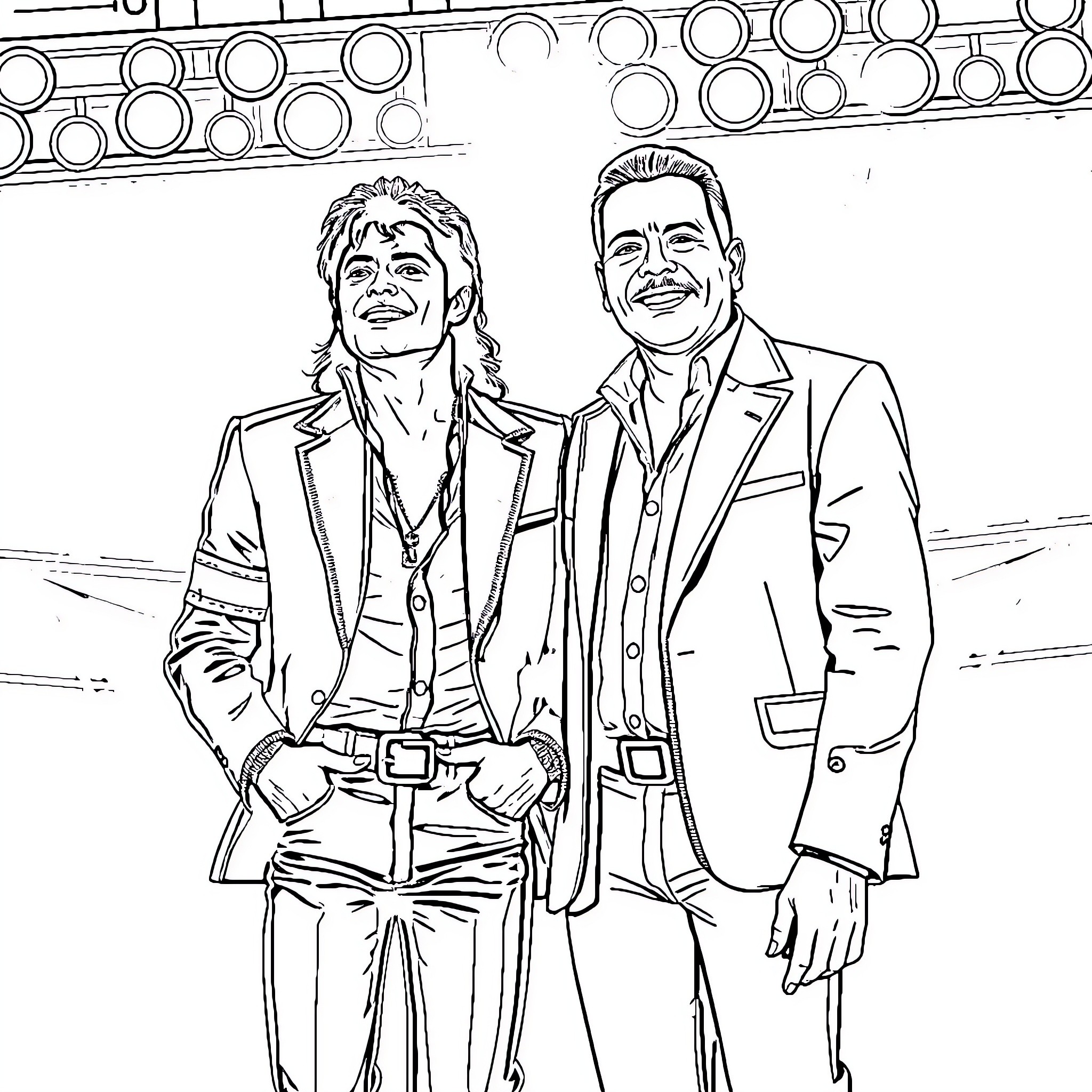 Michael Jackson and Arnold Schwarzenegger in Casual Attire Coloring Page (free black-and-white line drawing printable PDF for all, from beginners to advanced learners, including children, teens, adults, and seniors)