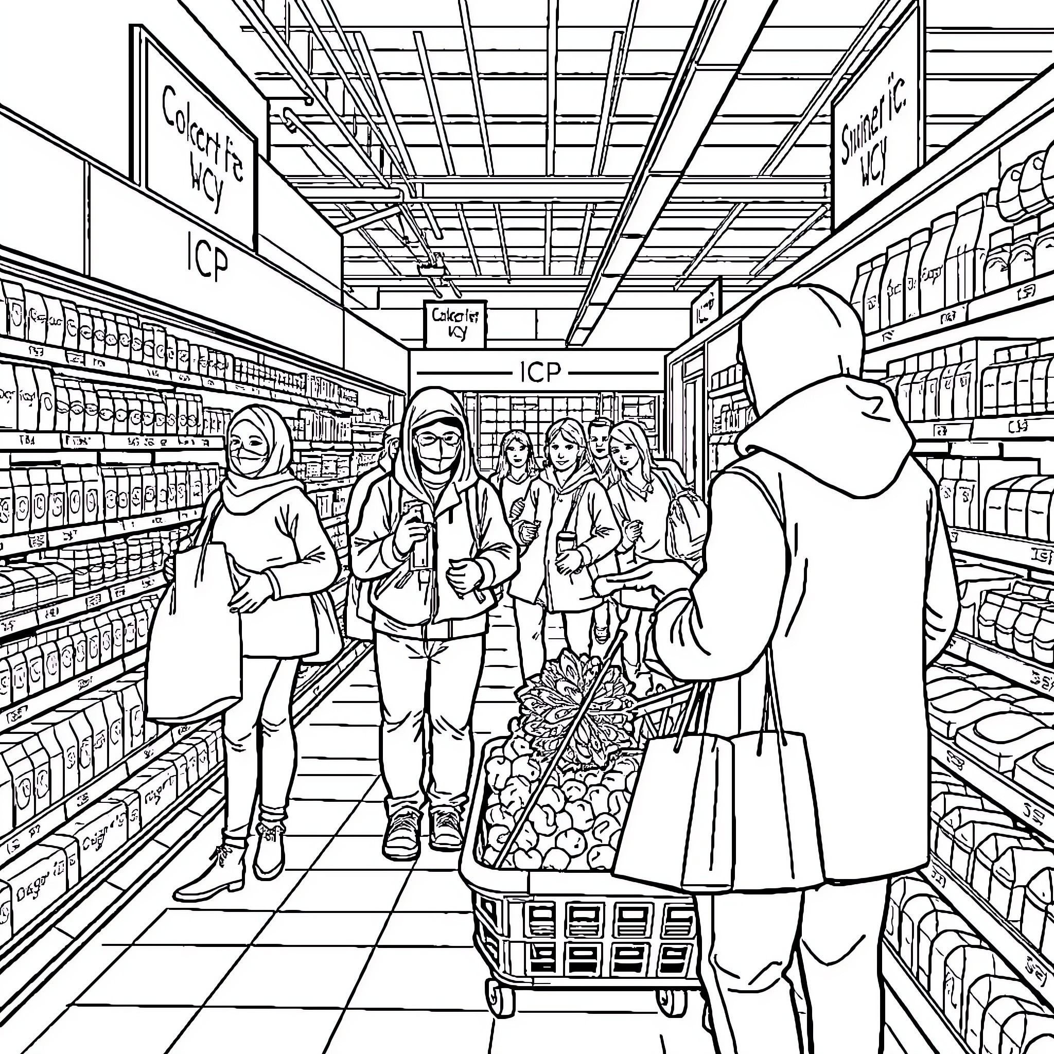 ICP Shoppers in a Grocery Store Coloring Page (free black-and-white line drawing printable PDF for all, from beginners to advanced learners, including children, teens, adults, and seniors)