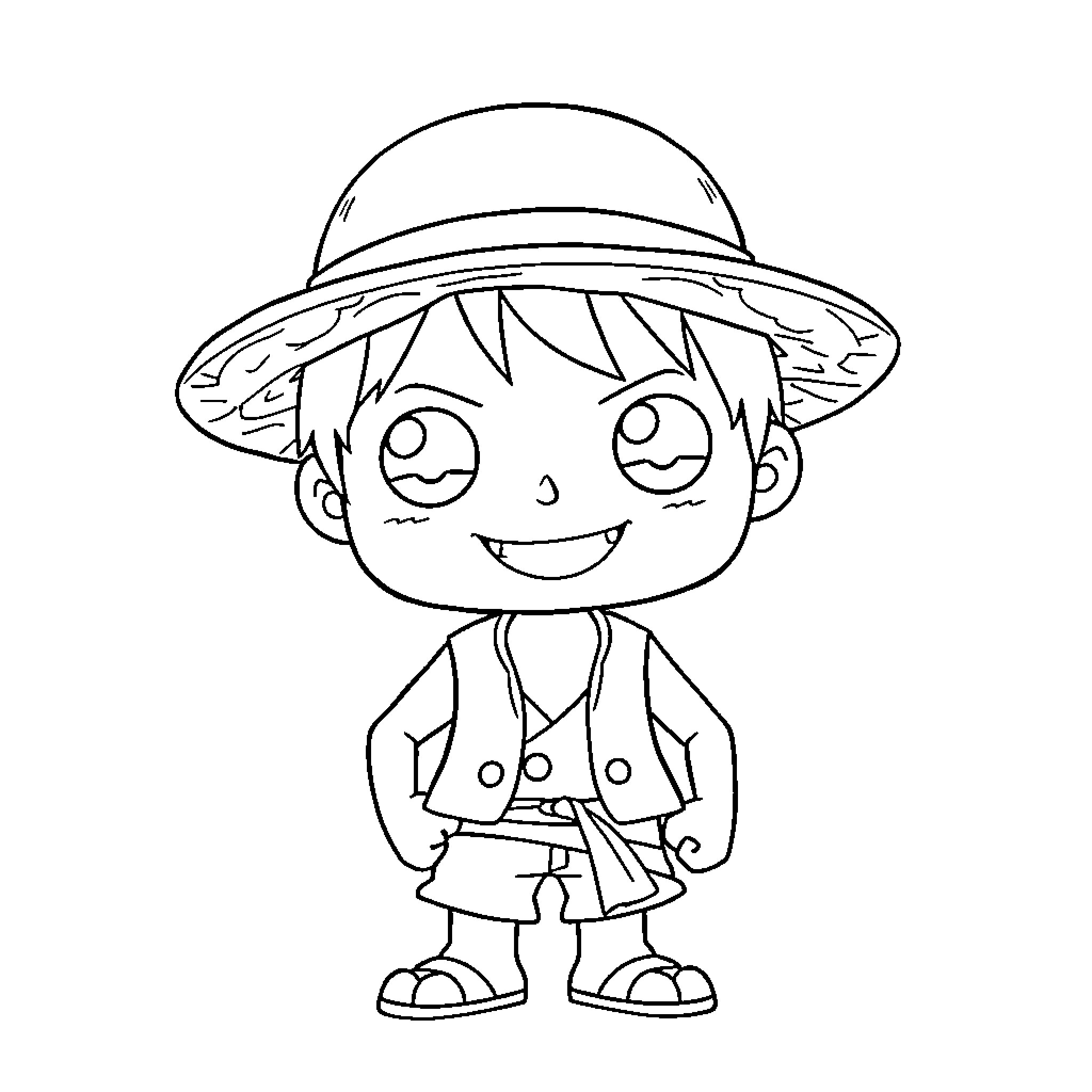 Luffy's Cheerful Adventure in His Iconic Outfit Coloring Page (free black-and-white line drawing printable PDF for all, from beginners to advanced learners, including children, teens, adults, and seniors)