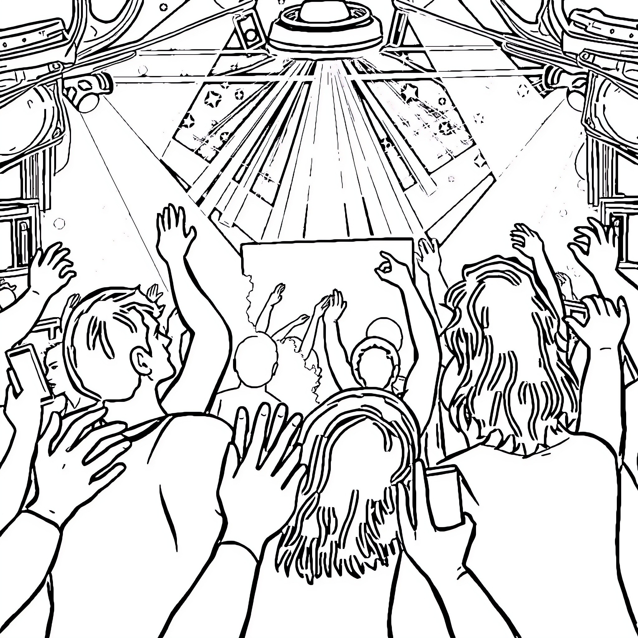 Rave party with energetic crowd and lighting Coloring Page (free black-and-white line drawing printable PDF for all, from beginners to advanced learners, including children, teens, adults, and seniors)
