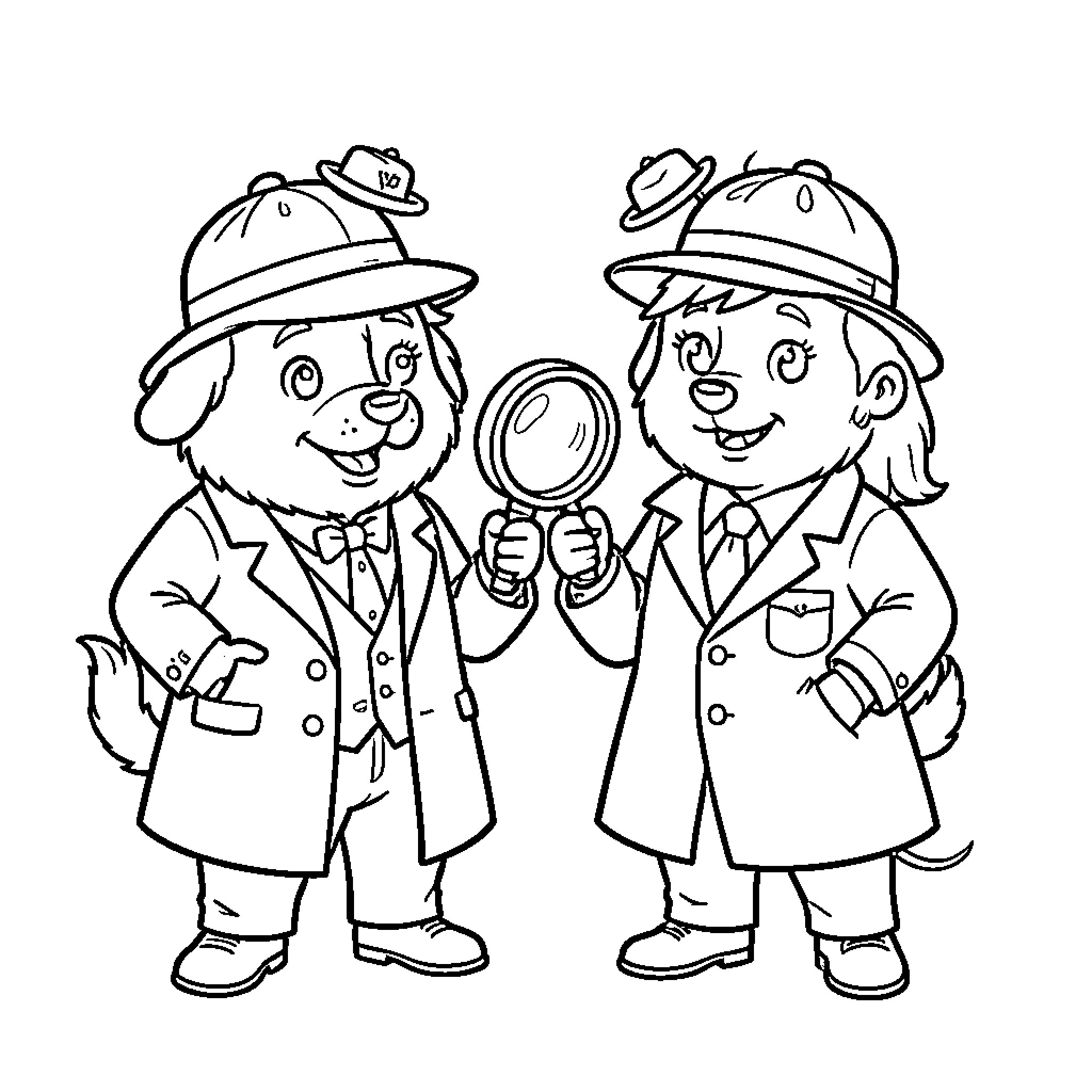 Pie Detectives Investigating with Magnifying Glasses Coloring Page (free black-and-white line drawing printable PDF for all, from beginners to advanced learners, including children, teens, adults, and seniors)