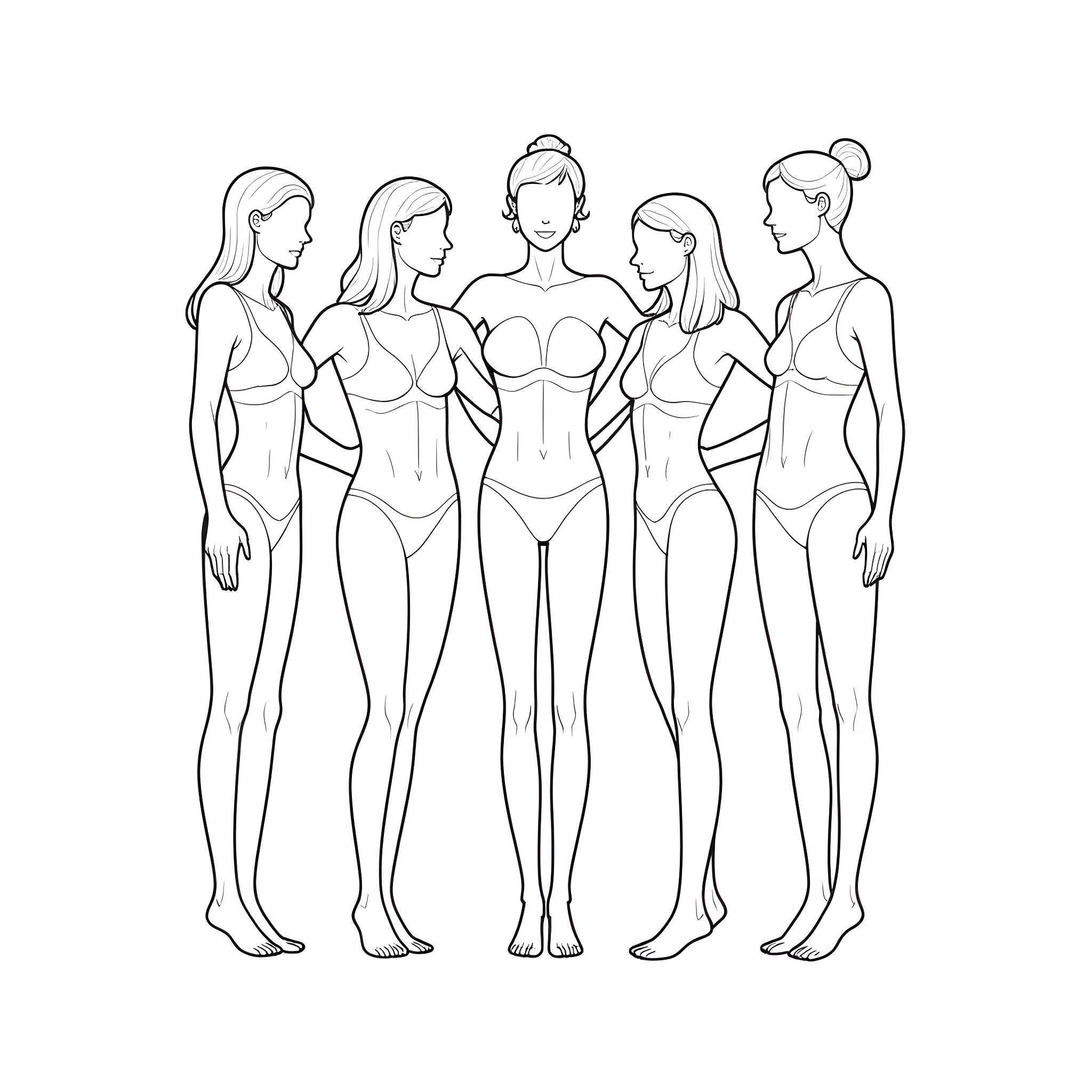Scoliosis Warrior: Group of Diverse Women in Empowering Poses Coloring Page (free black-and-white line drawing printable PDF for all, from beginners to advanced learners, including children, teens, adults, and seniors)