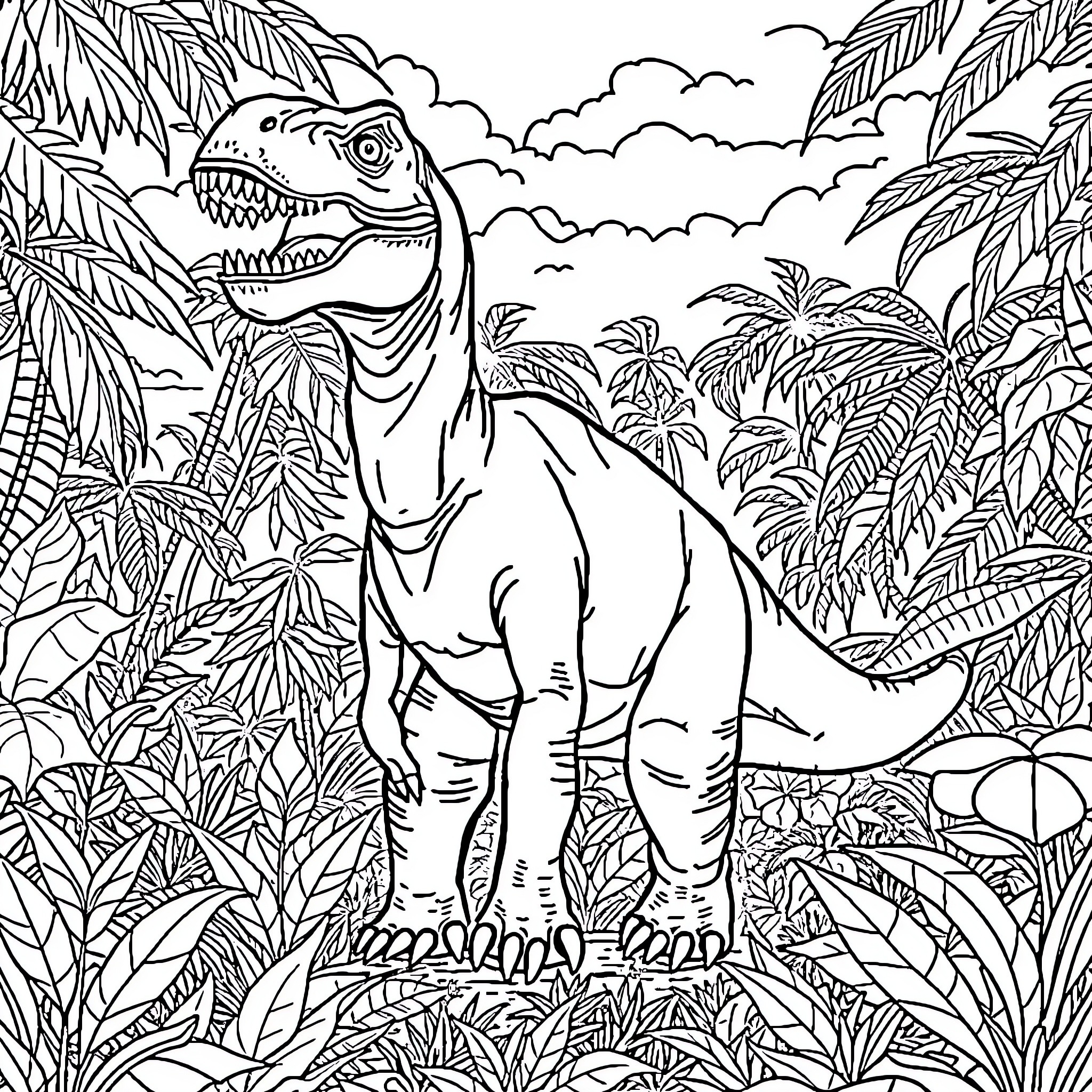 Dinosaur roaming through dense jungle foliage Coloring Page (free black-and-white line drawing printable PDF for all, from beginners to advanced learners, including children, teens, adults, and seniors)