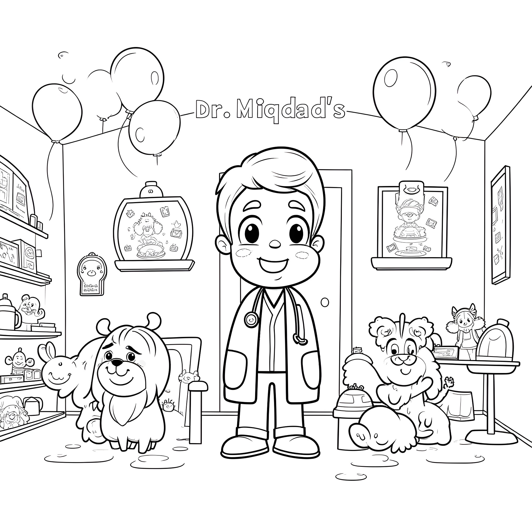 Doctor examining pets in the clinic Coloring Page (free black-and-white line drawing printable PDF for all, from beginners to advanced learners, including children, teens, adults, and seniors)