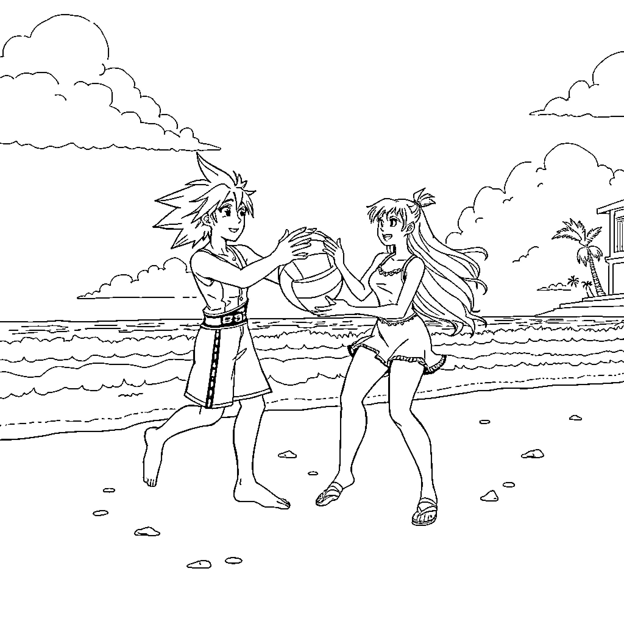 Cloud beach dance between two anime characters Coloring Page (free black-and-white line drawing printable PDF for all, from beginners to advanced learners, including children, teens, adults, and seniors)