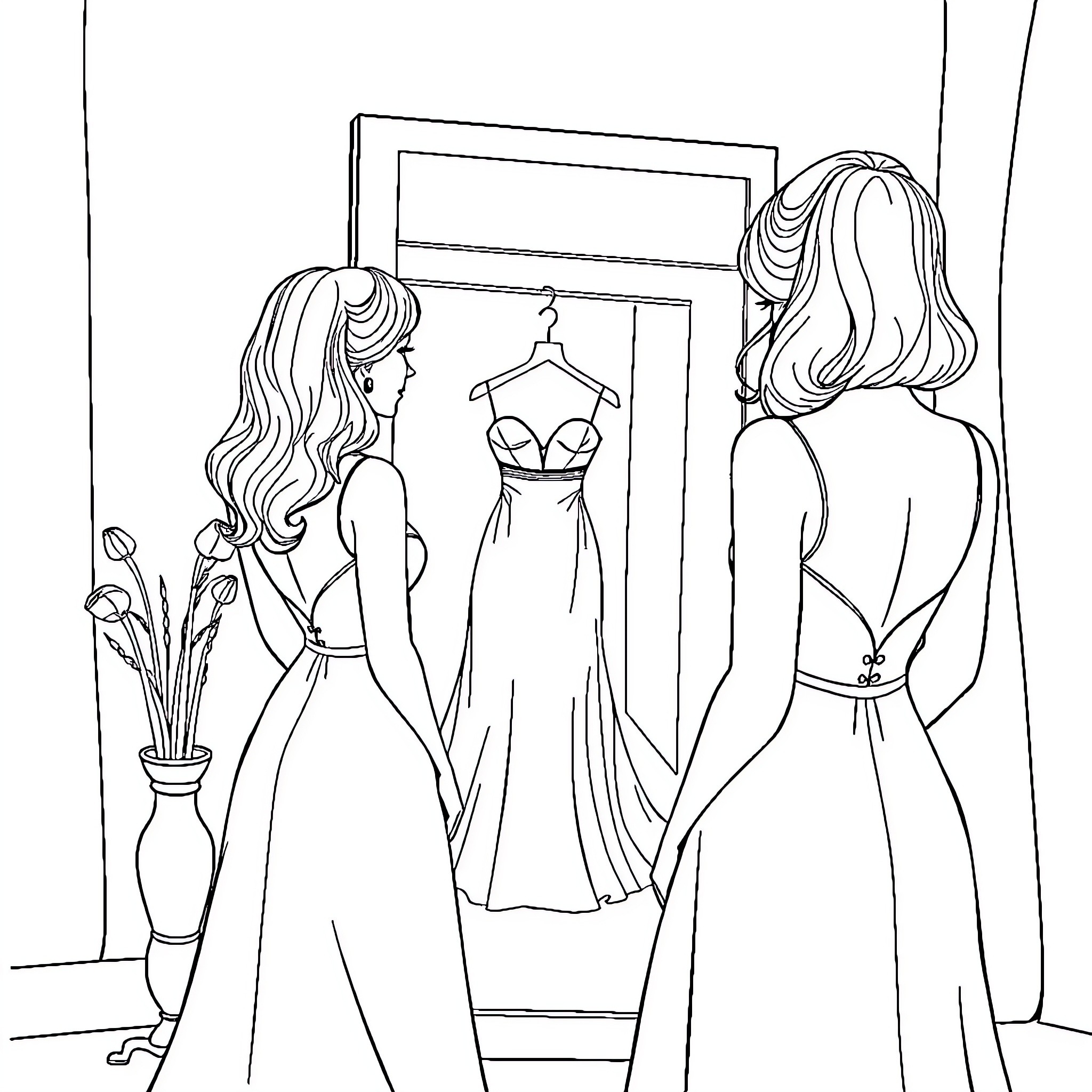 Lady Admiring Elegant Evening Gown Coloring Page (free black-and-white line drawing printable PDF for all, from beginners to advanced learners, including children, teens, adults, and seniors)