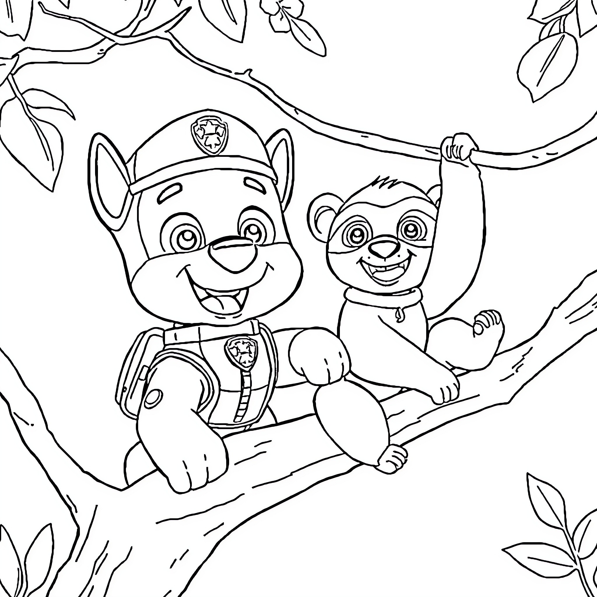 Rubble and Pup Climbing in the Tree Coloring Page (free black-and-white line drawing printable PDF for all, from beginners to advanced learners, including children, teens, adults, and seniors)
