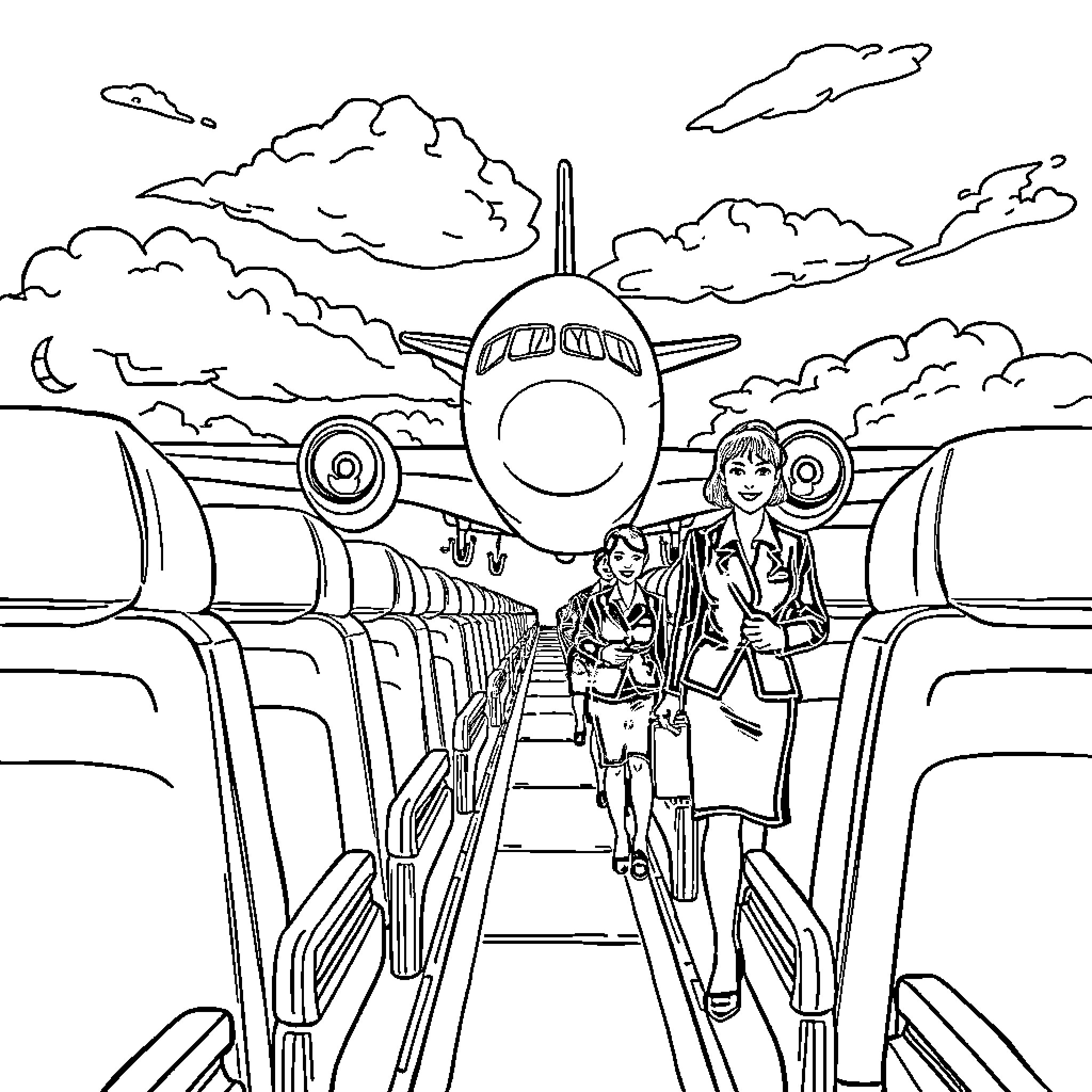 Airplane passengers boarding the aircraft Coloring Page (free black-and-white line drawing printable PDF for all, from beginners to advanced learners, including children, teens, adults, and seniors)