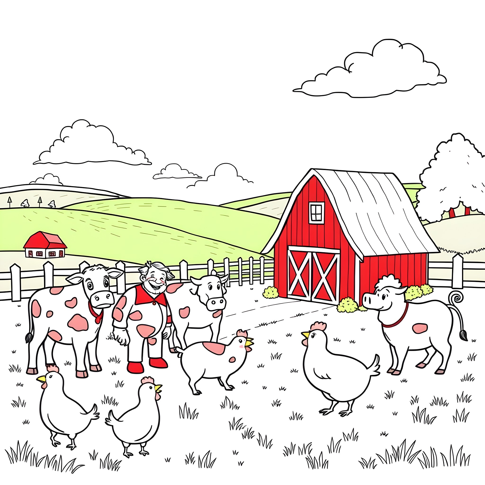 Farm animals playing in the countryside Coloring Page (free black-and-white line drawing printable PDF for all, from beginners to advanced learners, including children, teens, adults, and seniors)