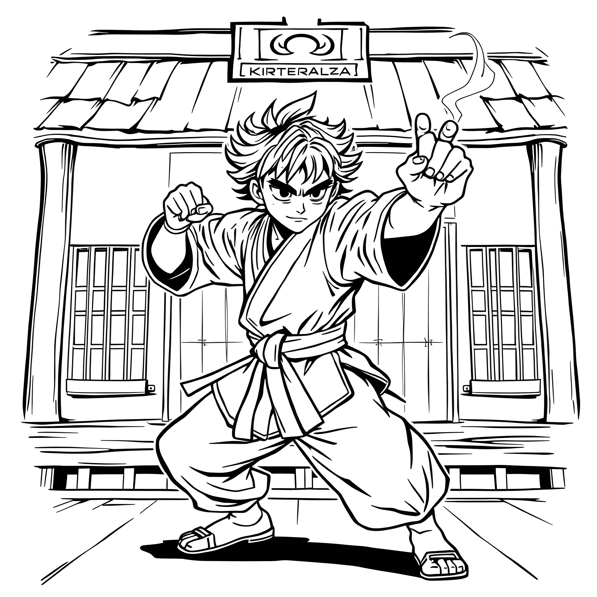 Kenichi strikes a fighting pose in front of a Japanese-style building Coloring Page (free black-and-white line drawing printable PDF for all, from beginners to advanced learners, including children, teens, adults, and seniors)