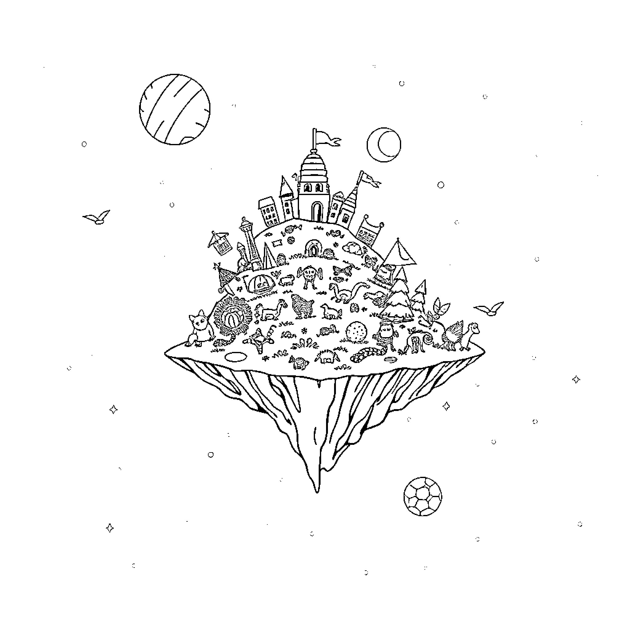 Island of Whimsical Landscapes and Architecture Coloring Page (free black-and-white line drawing printable PDF for all, from beginners to advanced learners, including children, teens, adults, and seniors)