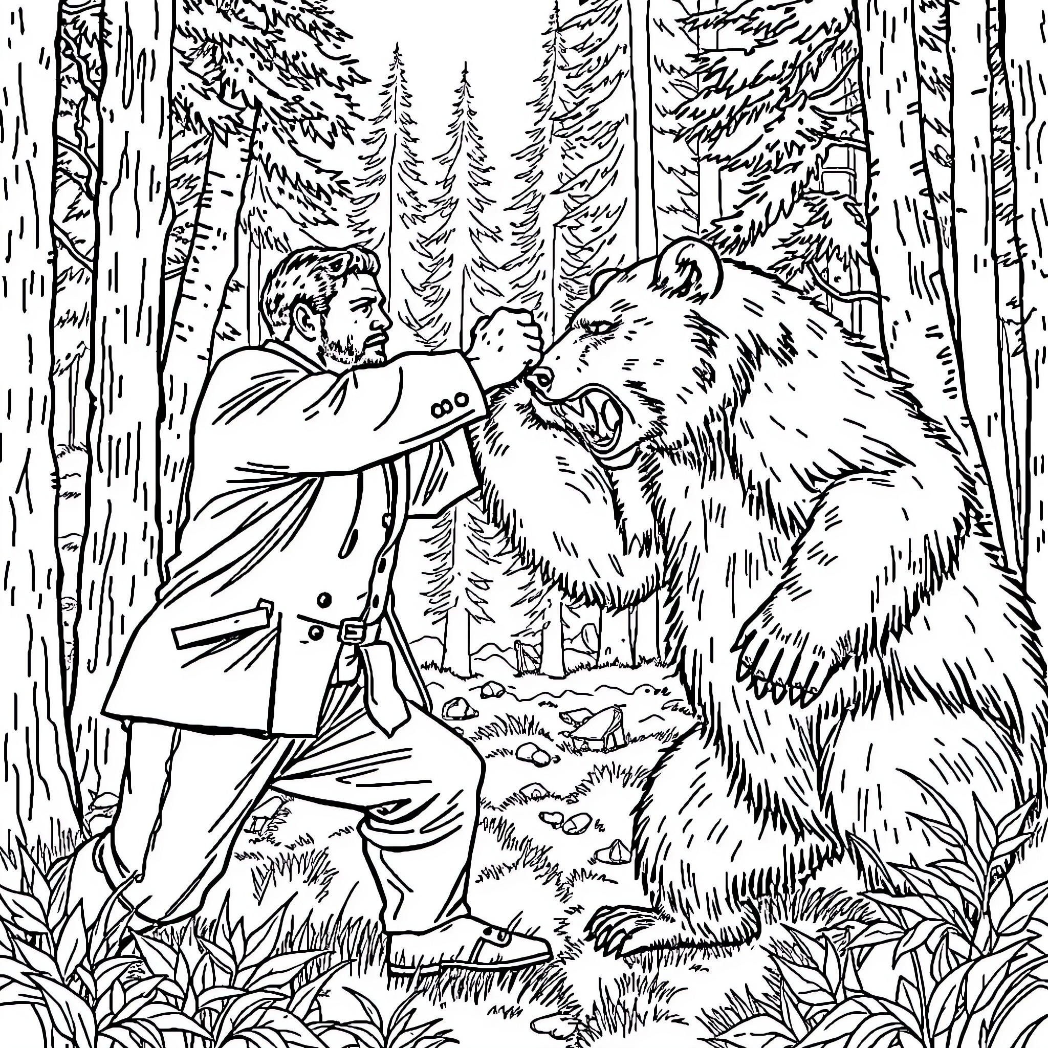Theodore Roosevelt's Encounter with a Fearsome Bear in the Wilderness Coloring Page (free black-and-white line drawing printable PDF for all, from beginners to advanced learners, including children, teens, adults, and seniors)