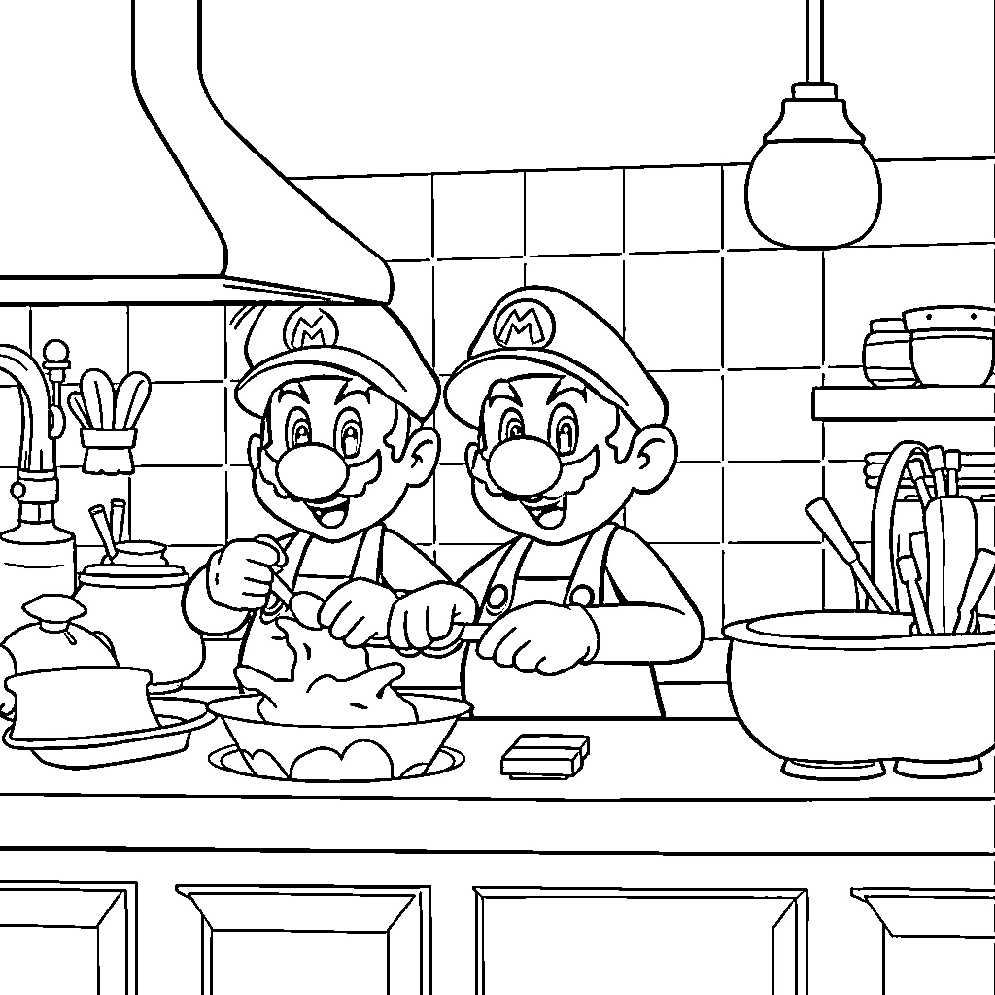 Mario brothers cooking in the kitchen Coloring Page (free black-and-white line drawing printable PDF for all, from beginners to advanced learners, including children, teens, adults, and seniors)