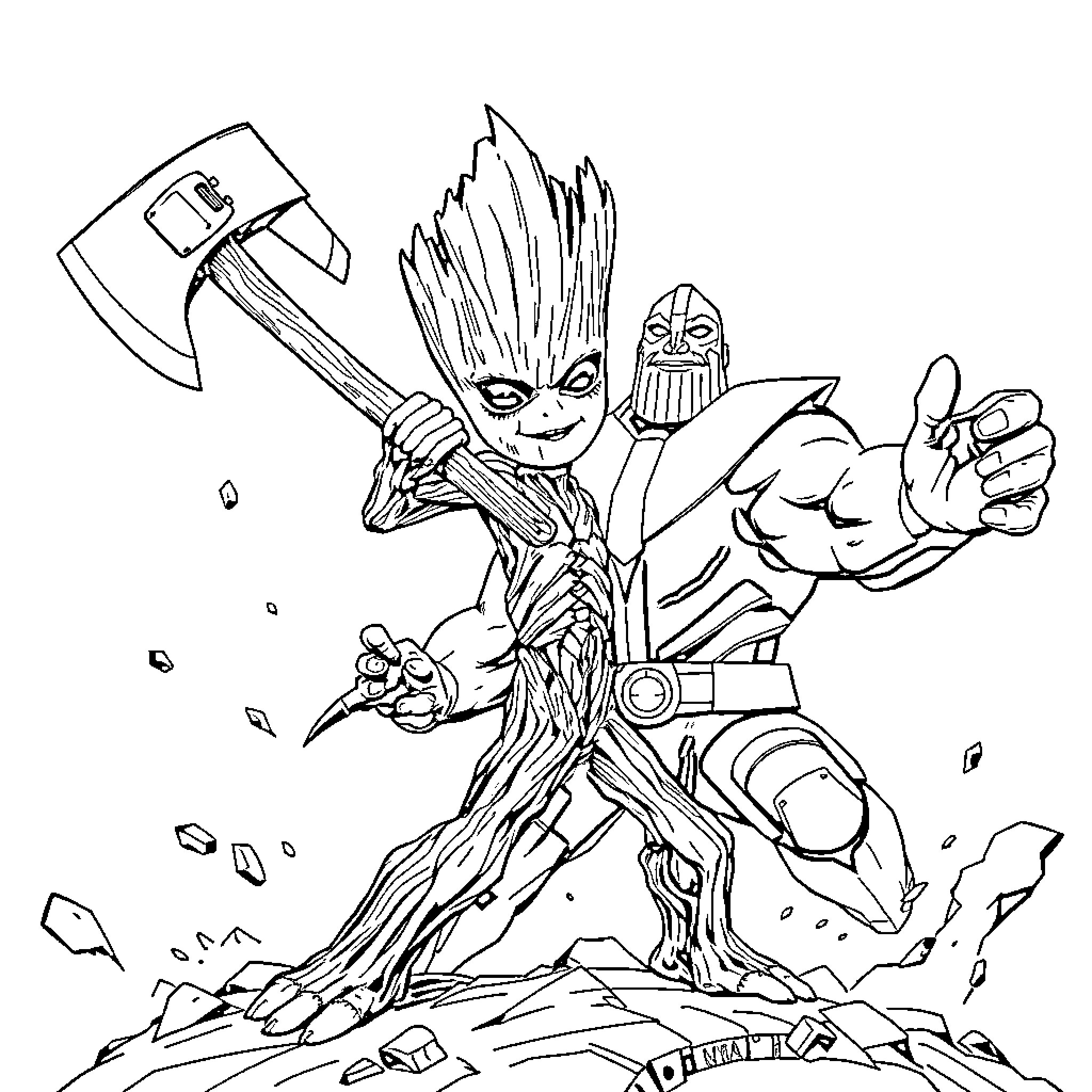 Groot wielding a mighty axe in action Coloring Page (free black-and-white line drawing printable PDF for all, from beginners to advanced learners, including children, teens, adults, and seniors)
