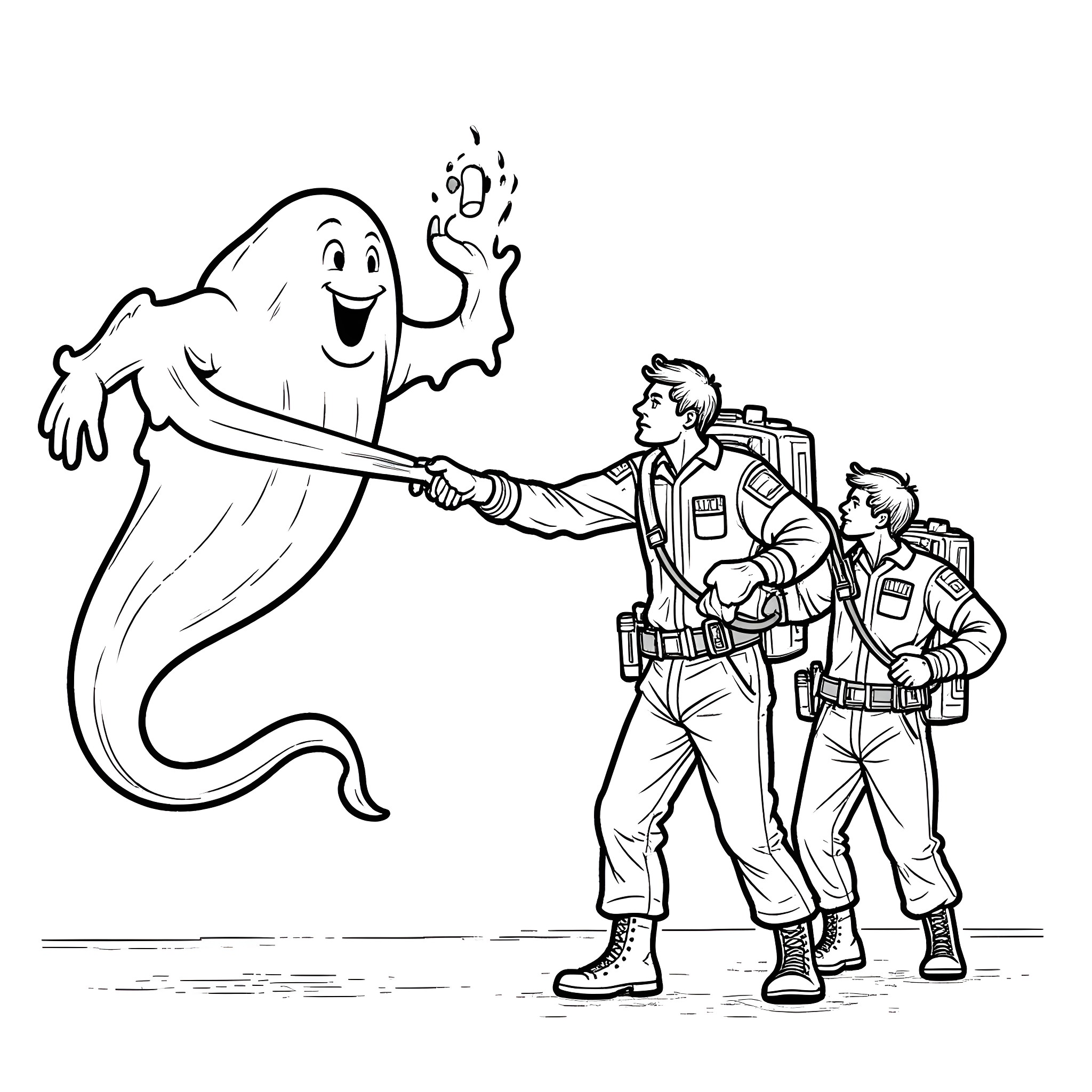 Ghostbusters confronting a friendly ghost Coloring Page (free black-and-white line drawing printable PDF for all, from beginners to advanced learners, including children, teens, adults, and seniors)