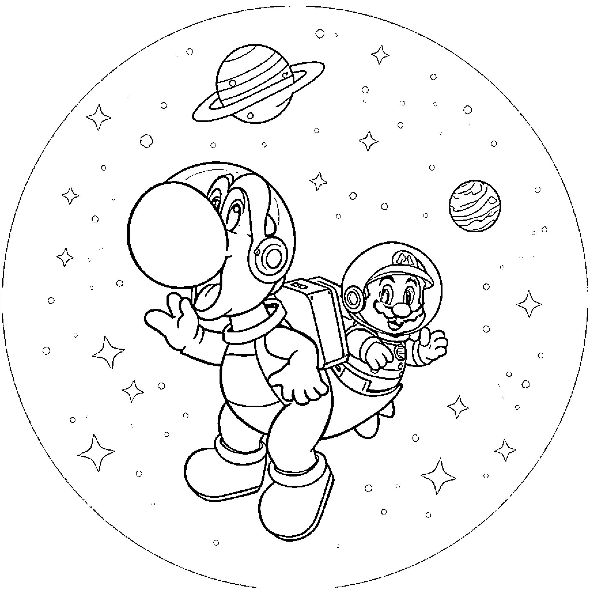 Yoshi's Cosmic Adventure Coloring Page (free black-and-white line drawing printable PDF for all, from beginners to advanced learners, including children, teens, adults, and seniors)