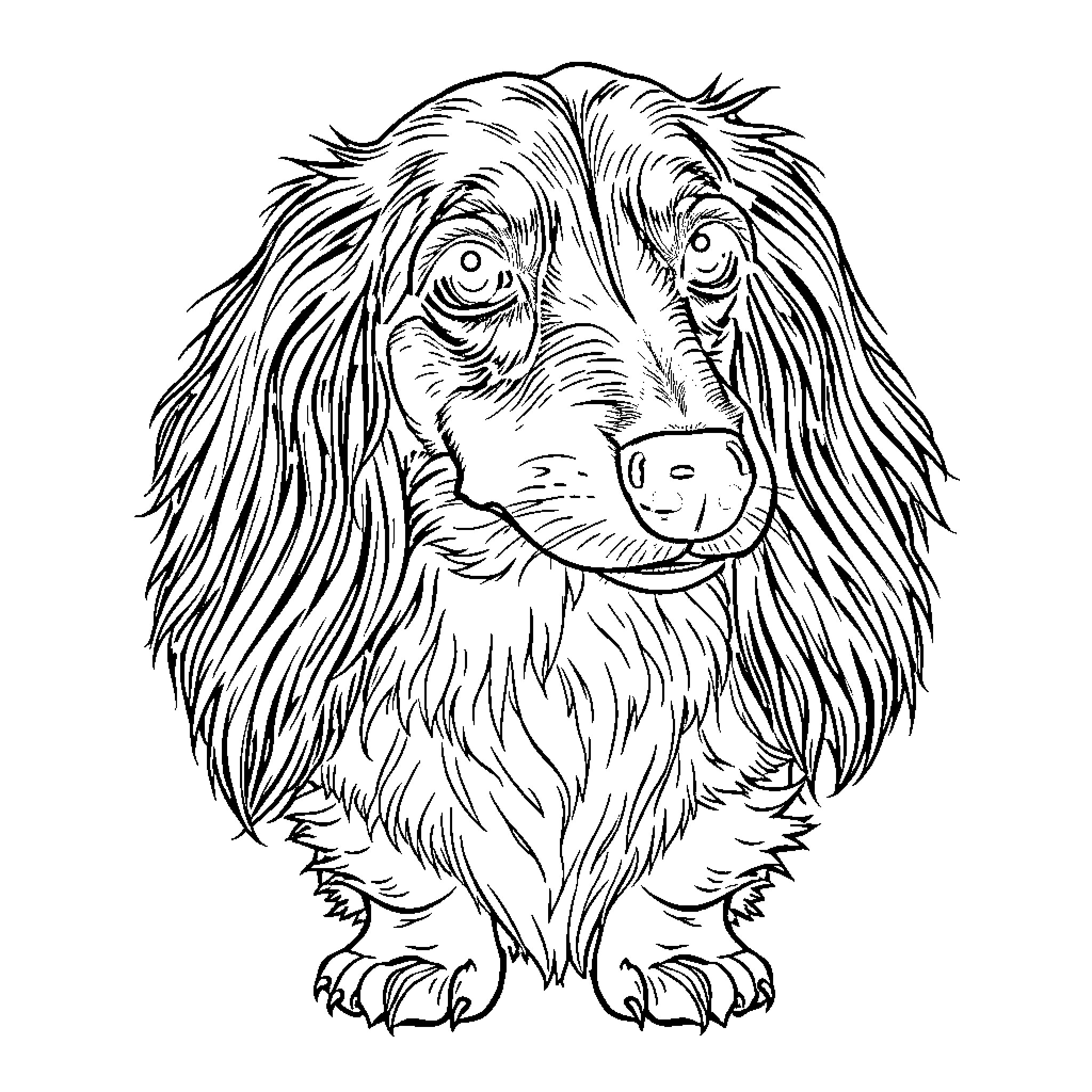 Dachshund with expressive features and lively fur Coloring Page (free black-and-white line drawing printable PDF for all, from beginners to advanced learners, including children, teens, adults, and seniors)