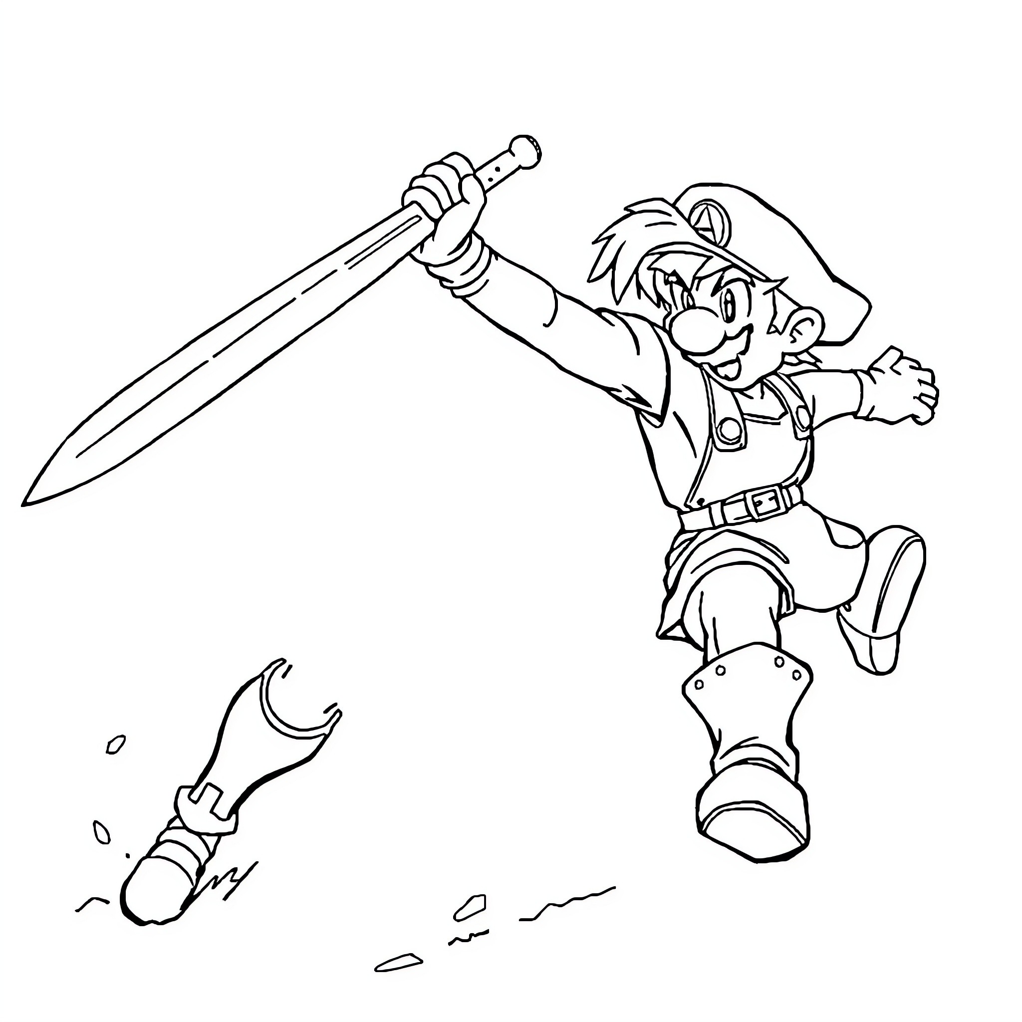 Link wielding sword in heroic adventure Coloring Page (free black-and-white line drawing printable PDF for all, from beginners to advanced learners, including children, teens, adults, and seniors)