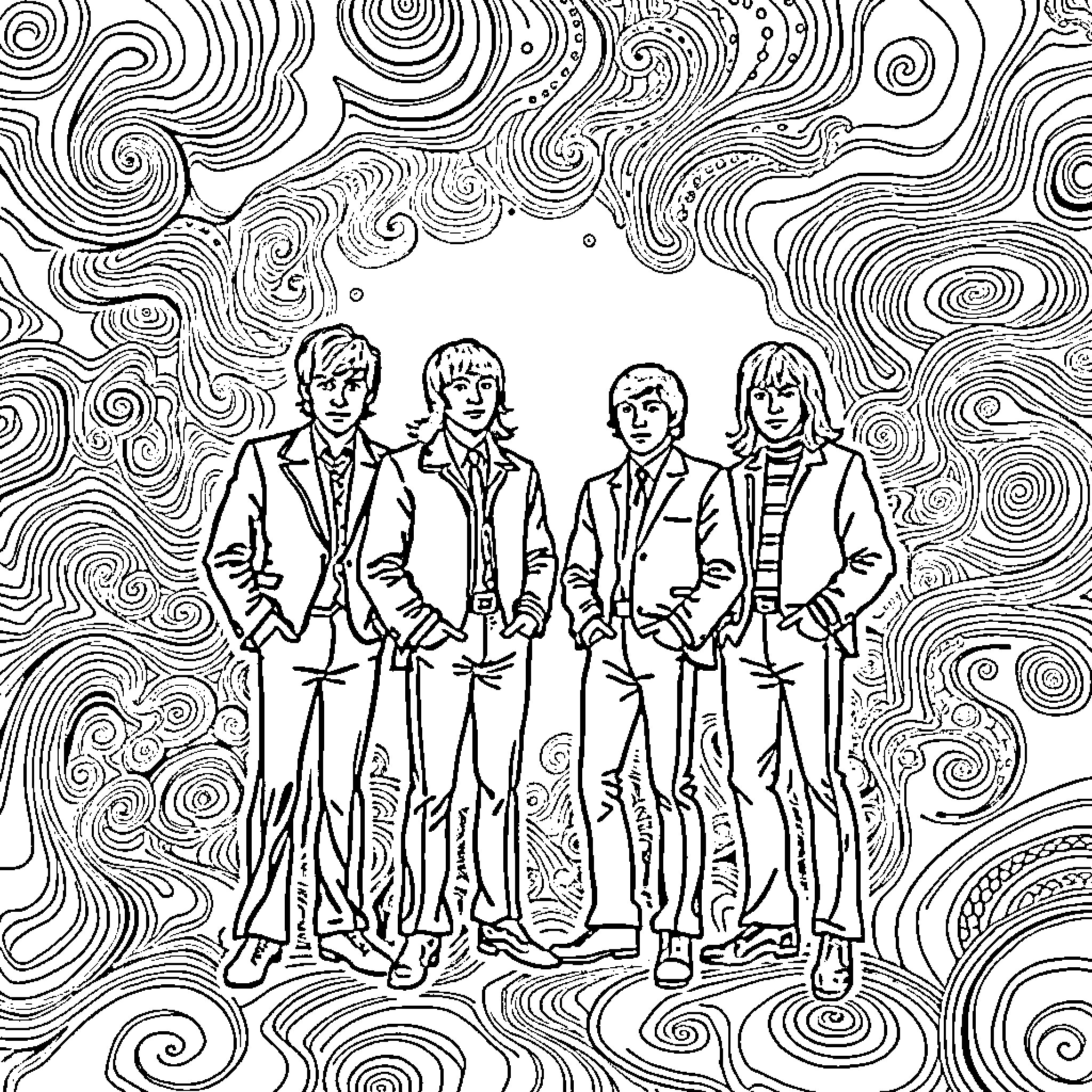 Beatles posing with psychedelic backdrop Coloring Page (free black-and-white line drawing printable PDF for all, from beginners to advanced learners, including children, teens, adults, and seniors)