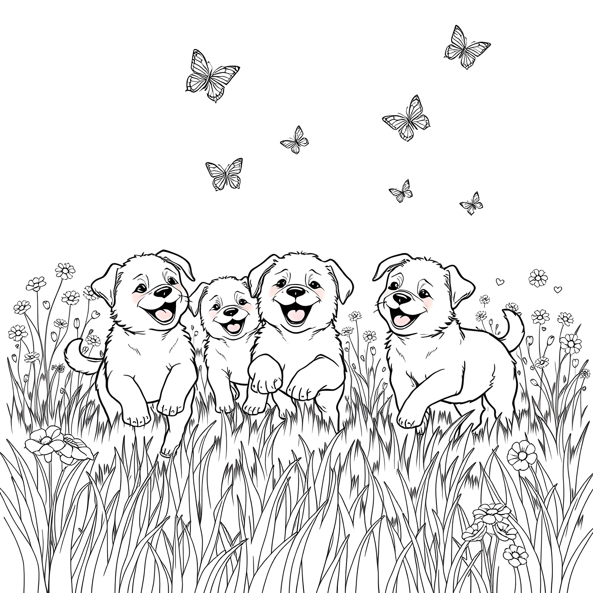 Puppy playing in the meadow with butterflies Coloring Page (free black-and-white line drawing printable PDF for all, from beginners to advanced learners, including children, teens, adults, and seniors)