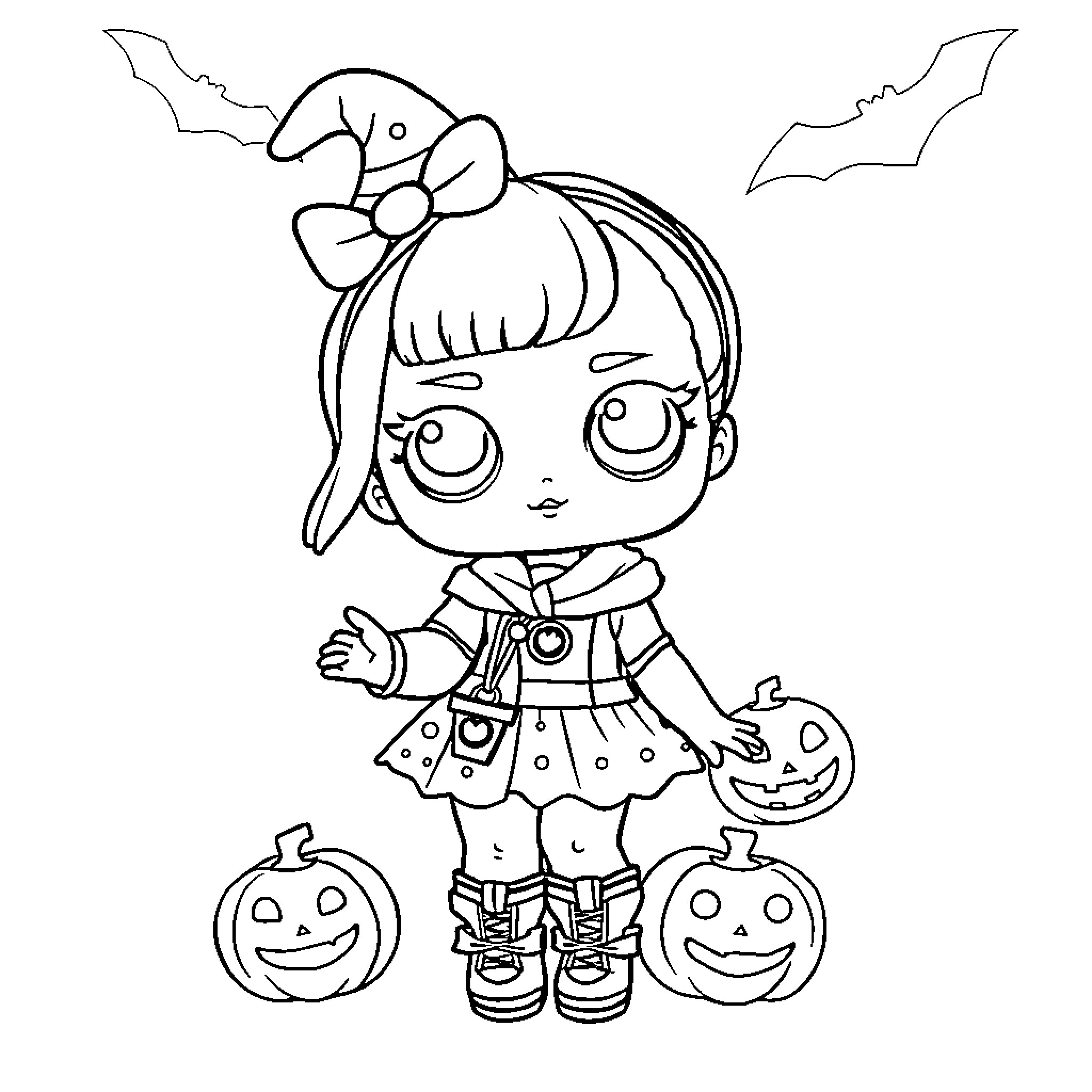 Lol Doll in Halloween costume with pumpkin decorations Coloring Page (free black-and-white line drawing printable PDF for all, from beginners to advanced learners, including children, teens, adults, and seniors)