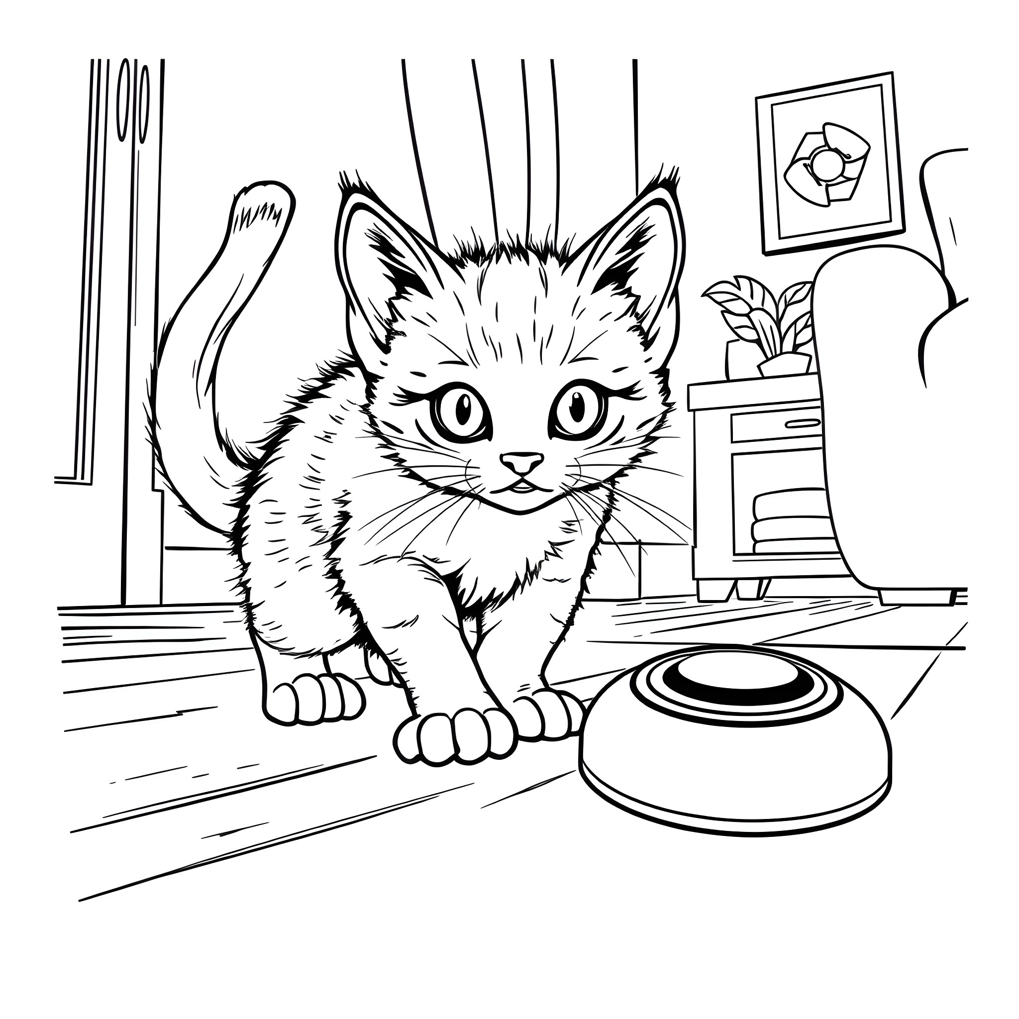 Kitten playing in cozy home Coloring Page (free black-and-white line drawing printable PDF for all, from beginners to advanced learners, including children, teens, adults, and seniors)
