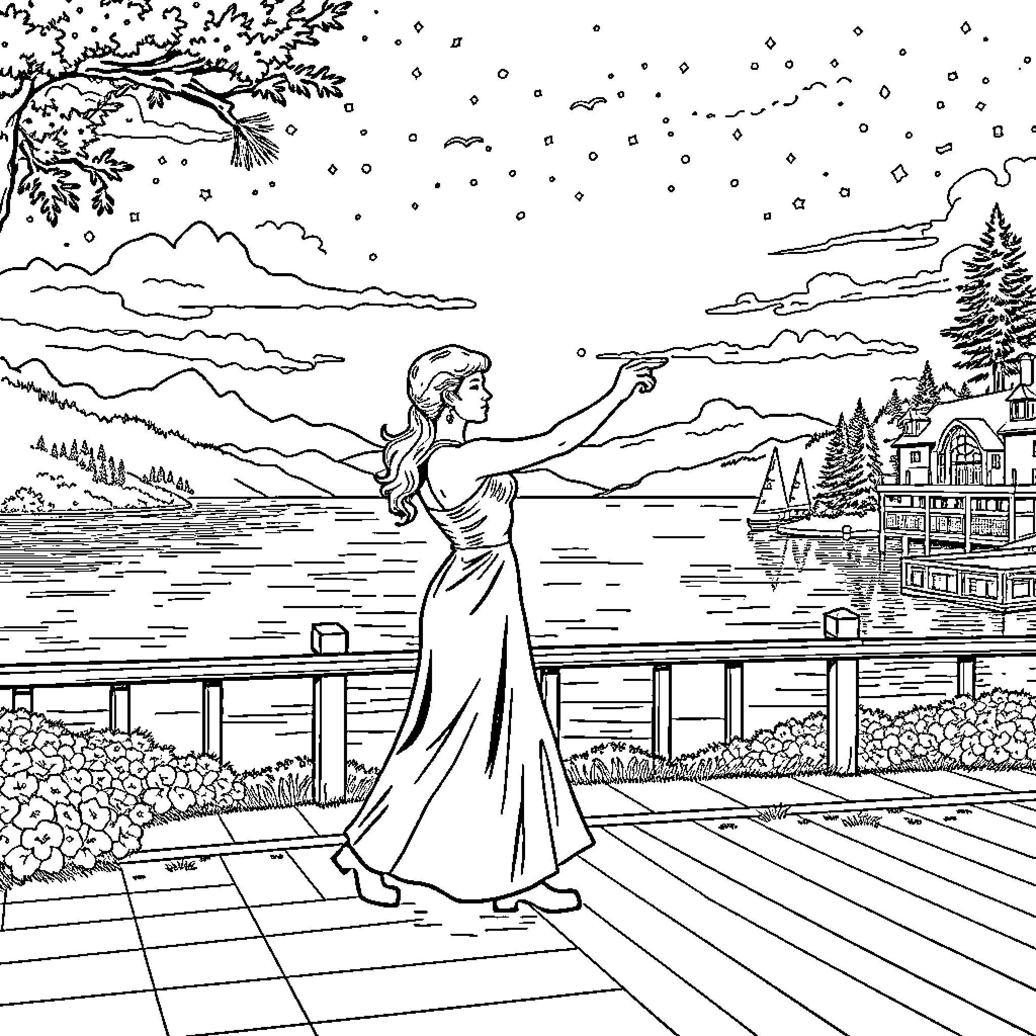 Dirty Dancing in the Winter Wonderland Coloring Page (free black-and-white line drawing printable PDF for all, from beginners to advanced learners, including children, teens, adults, and seniors)