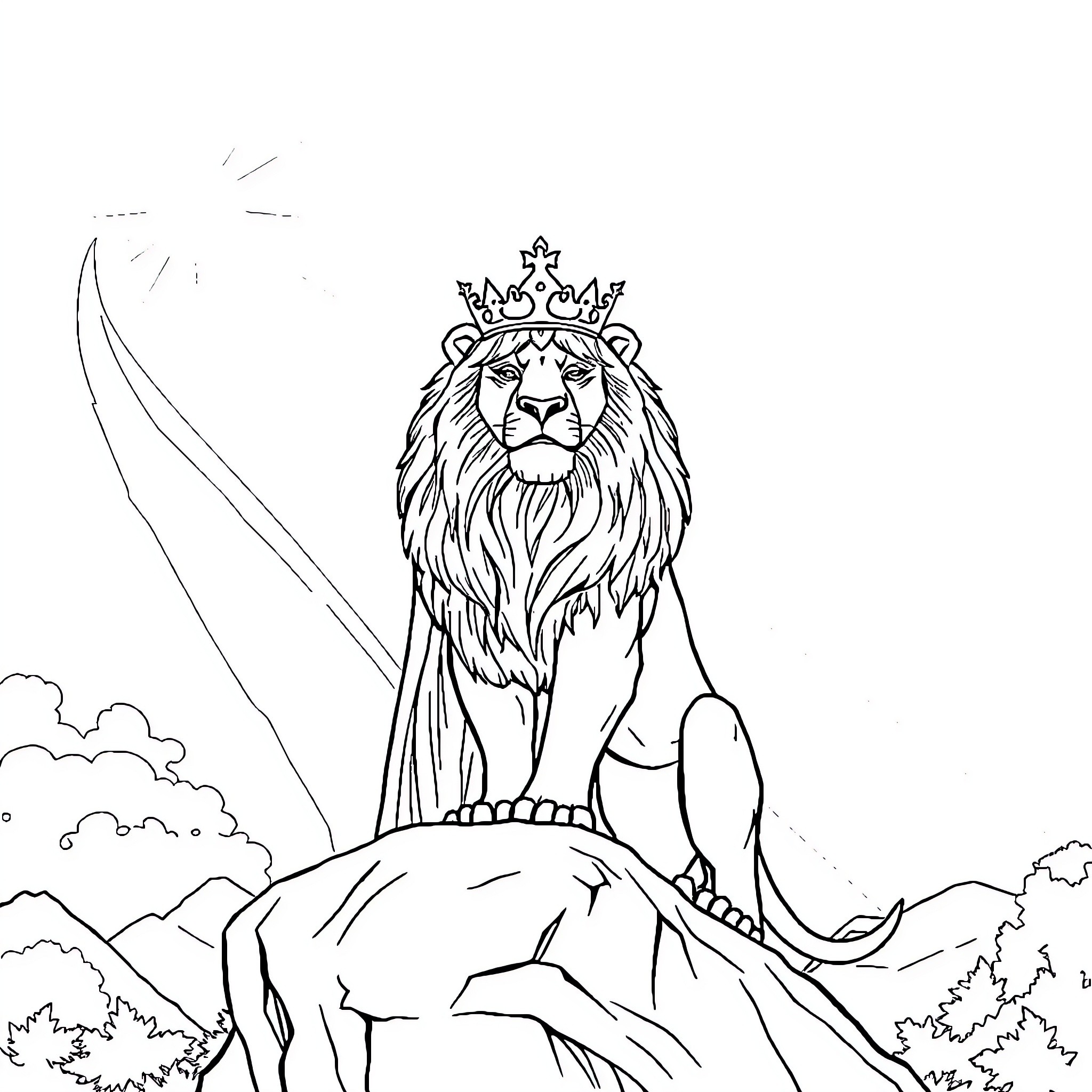 Lion King Proudly Stands on Mountain Coloring Page (free black-and-white line drawing printable PDF for all, from beginners to advanced learners, including children, teens, adults, and seniors)