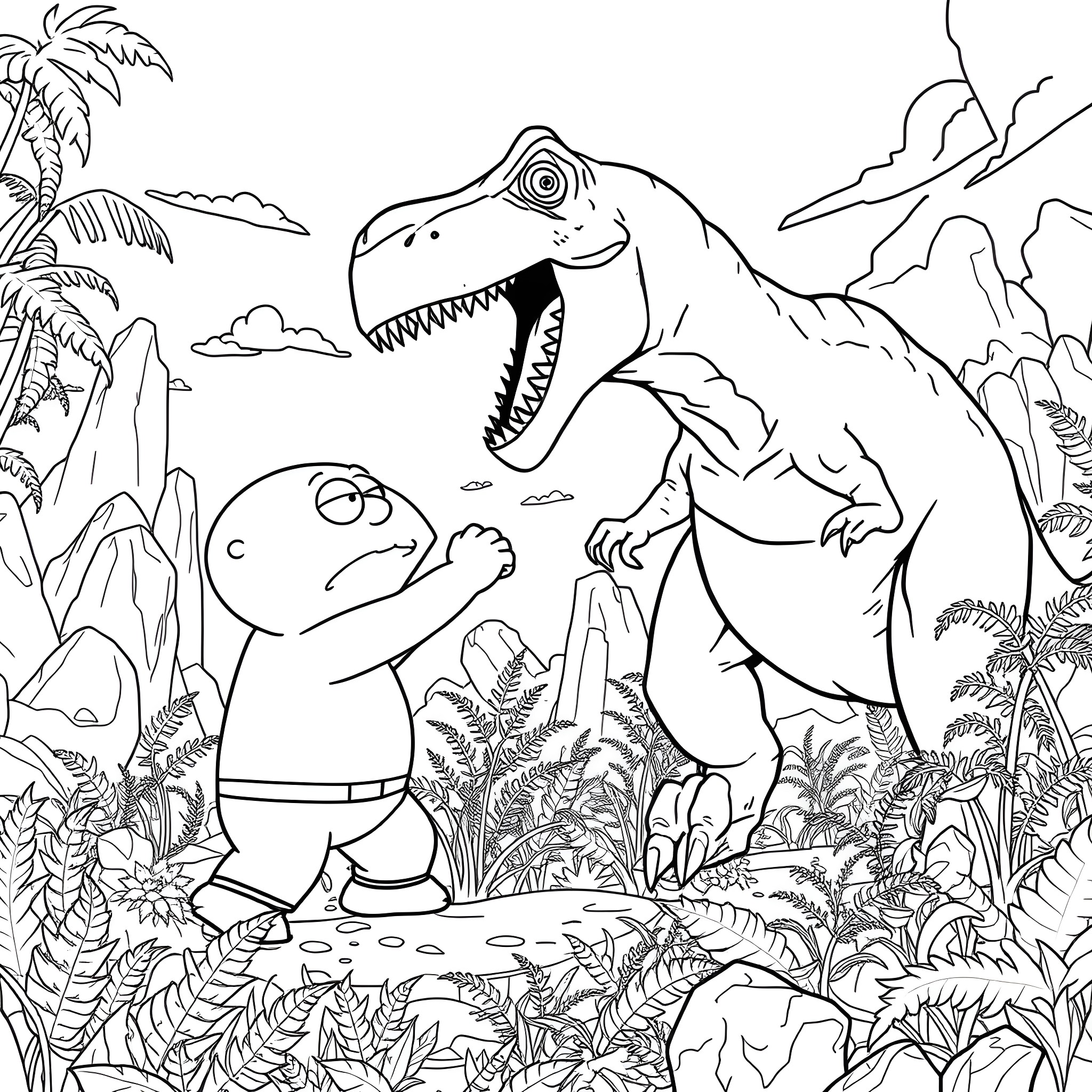 Stewie Griffin encounters a fearsome T-Rex in the prehistoric jungle Coloring Page (free black-and-white line drawing printable PDF for all, from beginners to advanced learners, including children, teens, adults, and seniors)