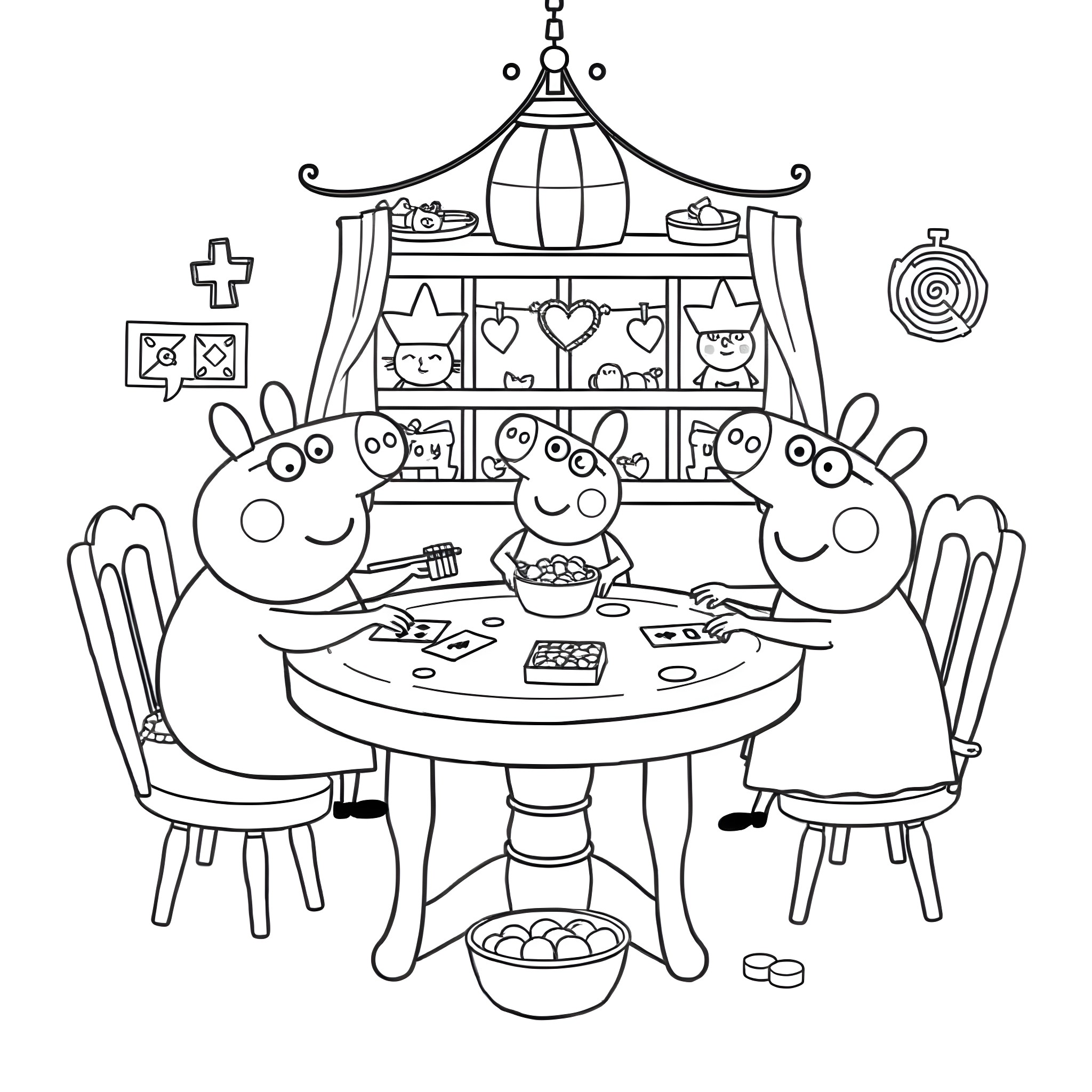 Peppa Pig and family dining together at home Coloring Page (free black-and-white line drawing printable PDF for all, from beginners to advanced learners, including children, teens, adults, and seniors)