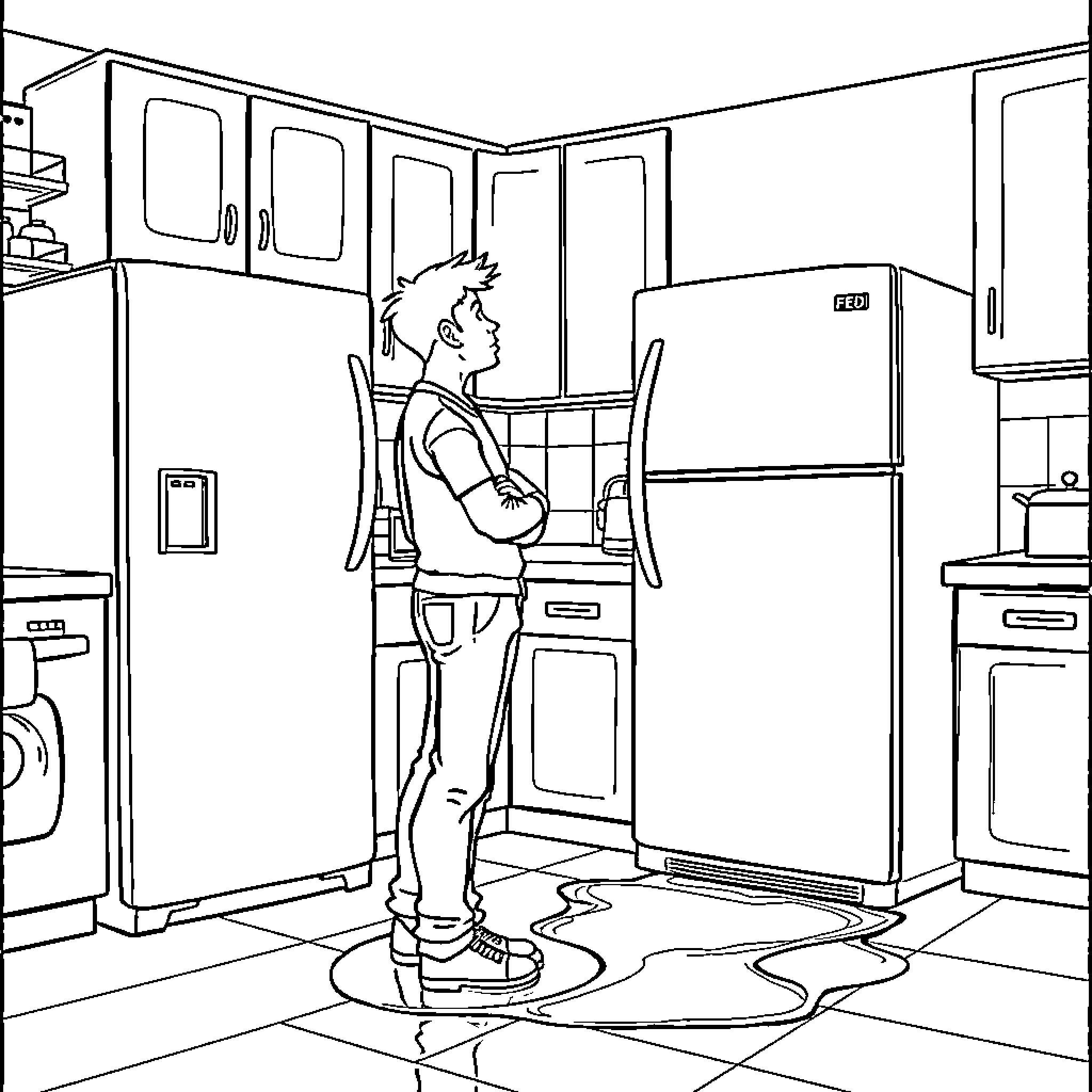 Fridge troubles in the kitchen Coloring Page (free black-and-white line drawing printable PDF for all, from beginners to advanced learners, including children, teens, adults, and seniors)