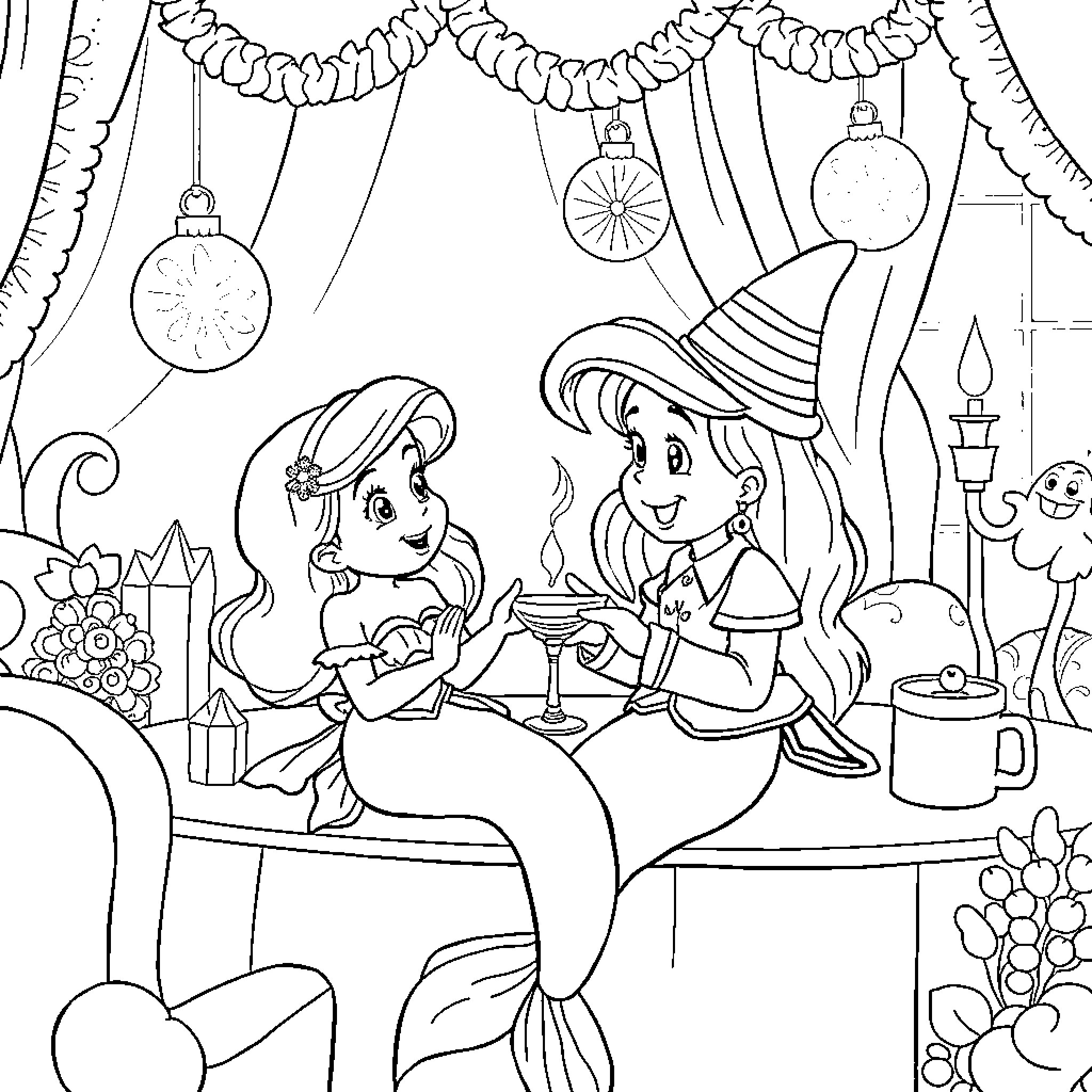 Mermaid and a witch sharing drinks and chatting Coloring Page (free black-and-white line drawing printable PDF for all, from beginners to advanced learners, including children, teens, adults, and seniors)