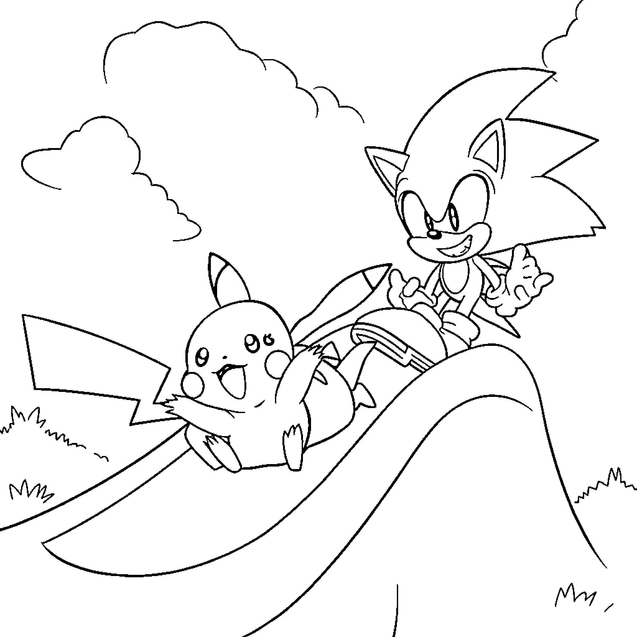 Pikachu and Sonic enjoying a fun adventure Coloring Page (free black-and-white line drawing printable PDF for all, from beginners to advanced learners, including children, teens, adults, and seniors)