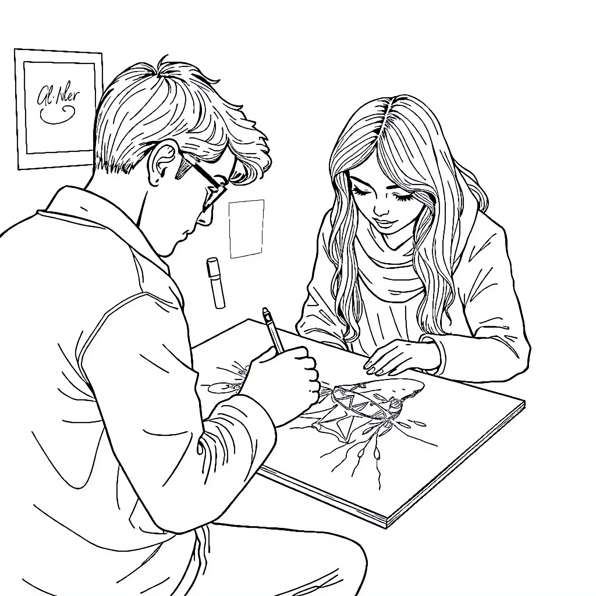 Drawing of artists working on a collaborative project Coloring Page (free black-and-white line drawing printable PDF for all, from beginners to advanced learners, including children, teens, adults, and seniors)