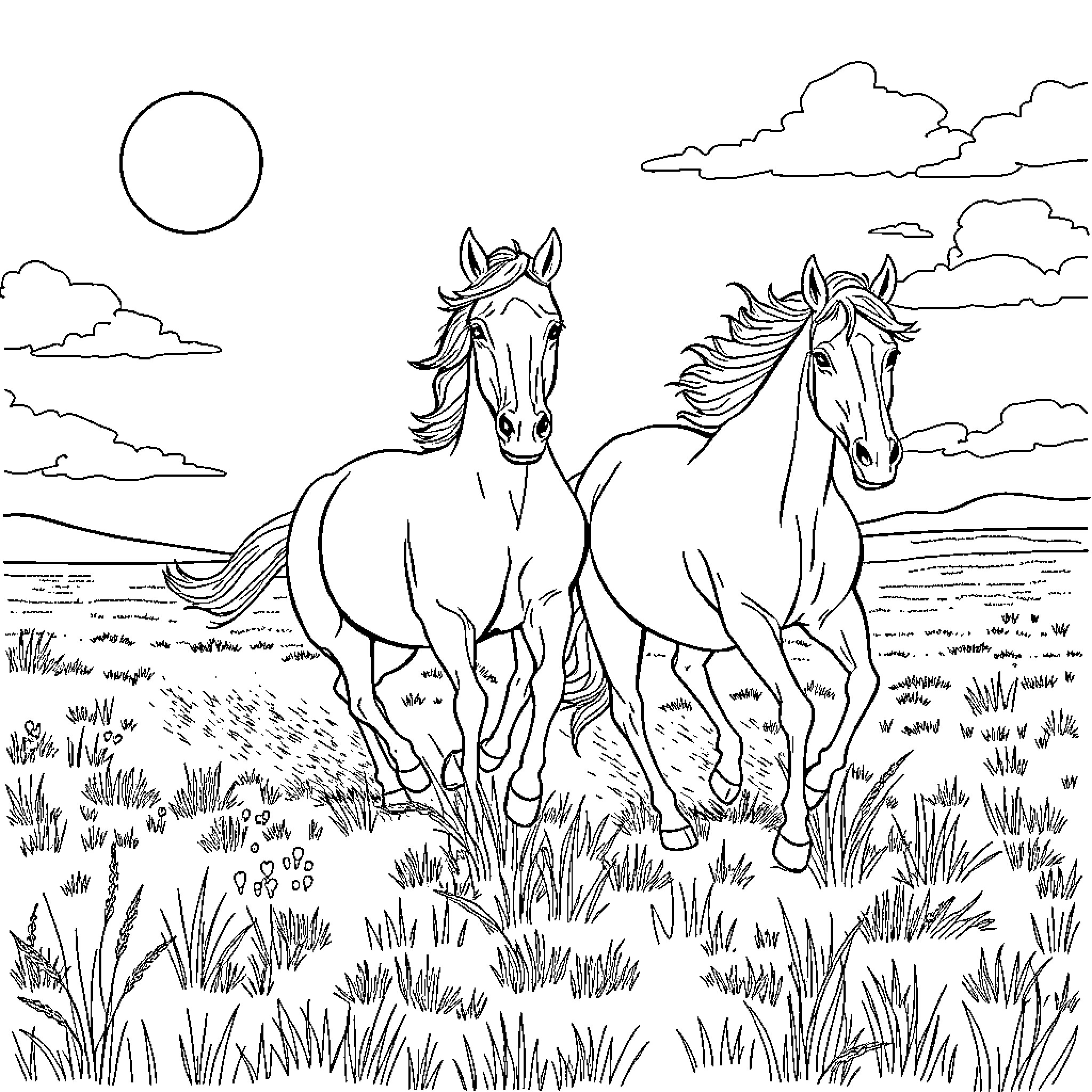 Horses galloping through the meadow Coloring Page (free black-and-white line drawing printable PDF for all, from beginners to advanced learners, including children, teens, adults, and seniors)