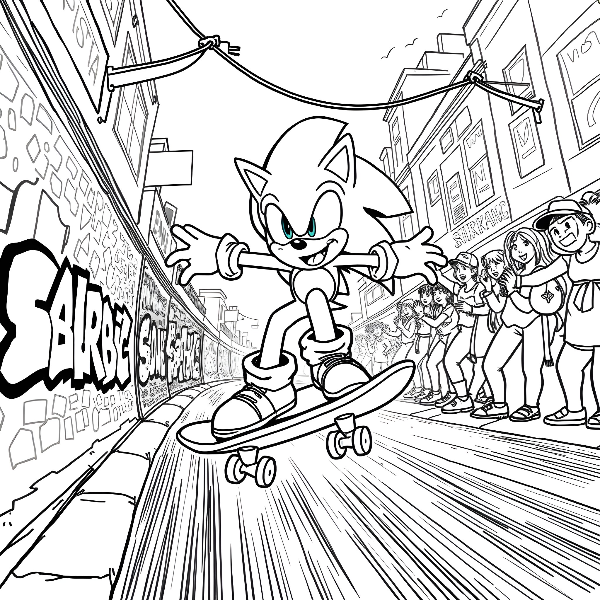 Sonic skateboarding through the city with friends Coloring Page (free black-and-white line drawing printable PDF for all, from beginners to advanced learners, including children, teens, adults, and seniors)