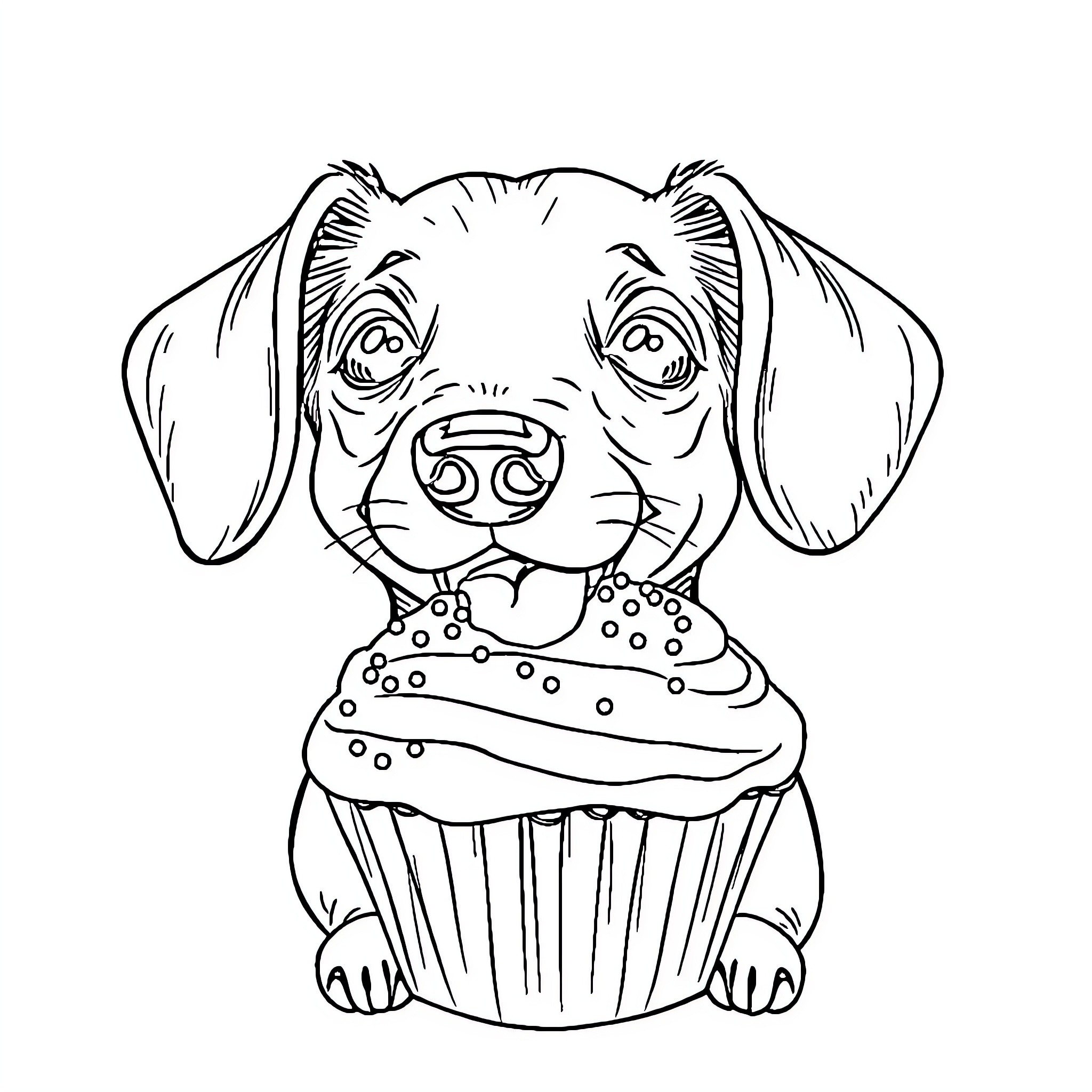 Dachshund with Cupcake Coloring Page (free black-and-white line drawing printable PDF for all, from beginners to advanced learners, including children, teens, adults, and seniors)