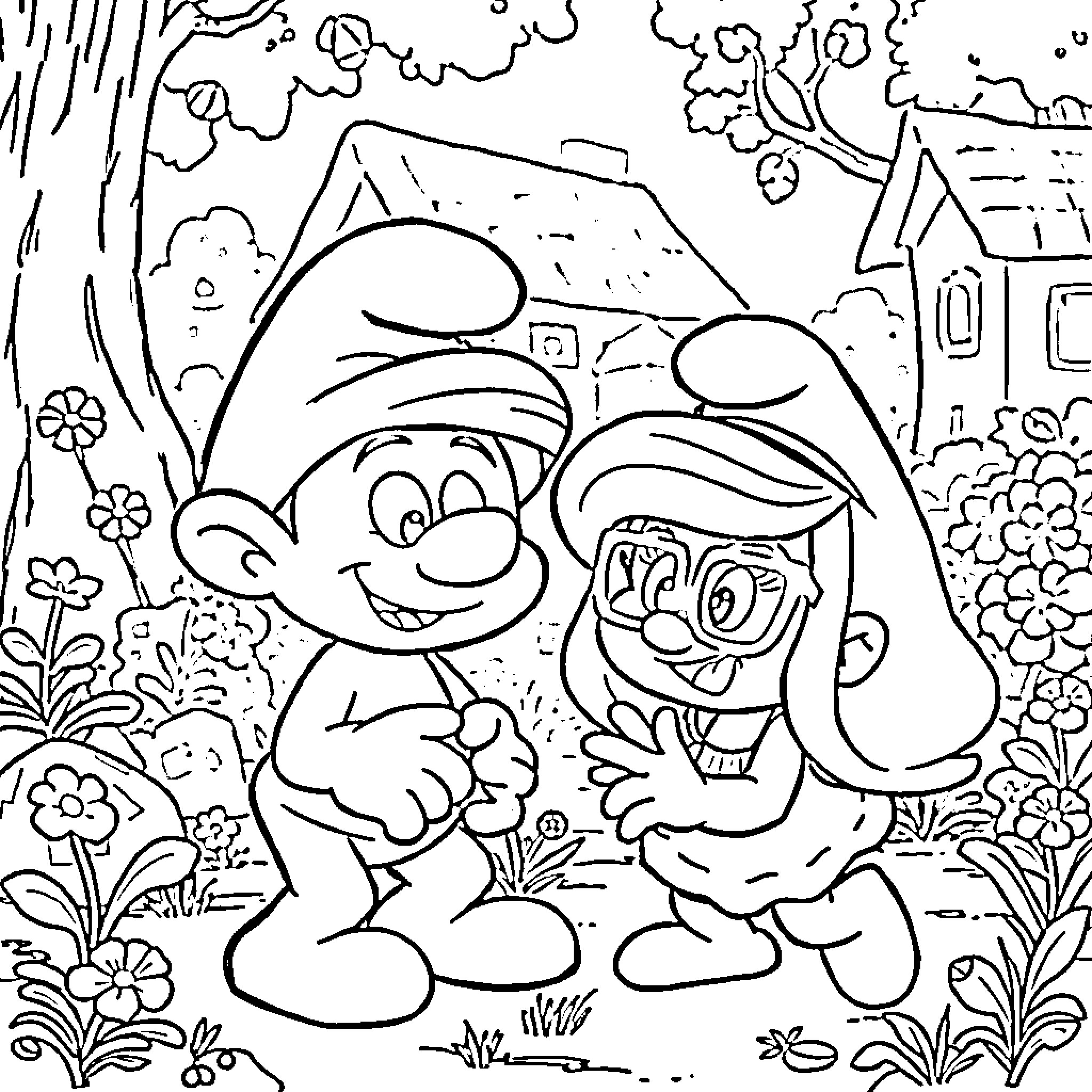 Smurf friends enjoying nature in the forest Coloring Page (free black-and-white line drawing printable PDF for all, from beginners to advanced learners, including children, teens, adults, and seniors)