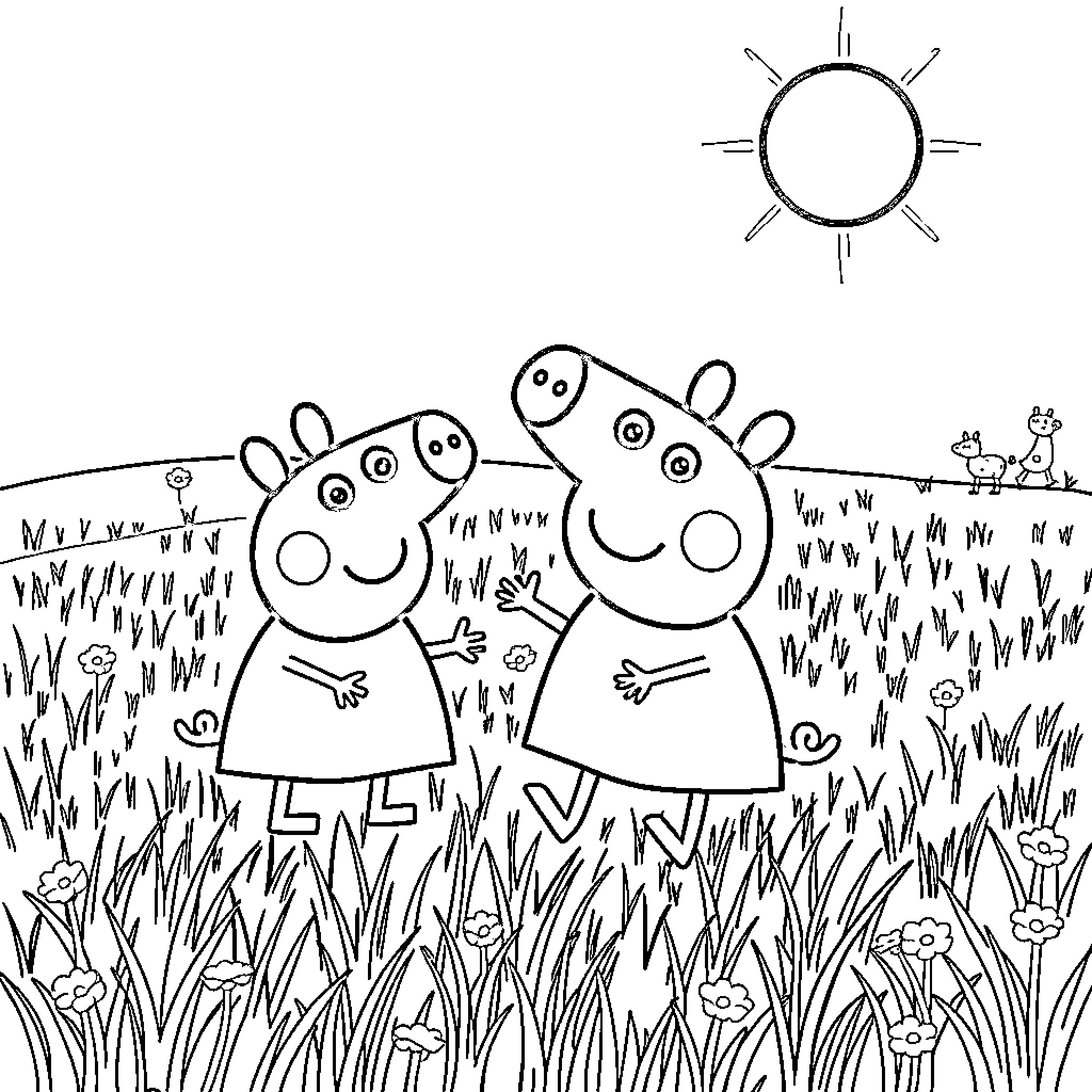 Peppa Pig and Family Enjoying the Outdoors Coloring Page (free black-and-white line drawing printable PDF for all, from beginners to advanced learners, including children, teens, adults, and seniors)