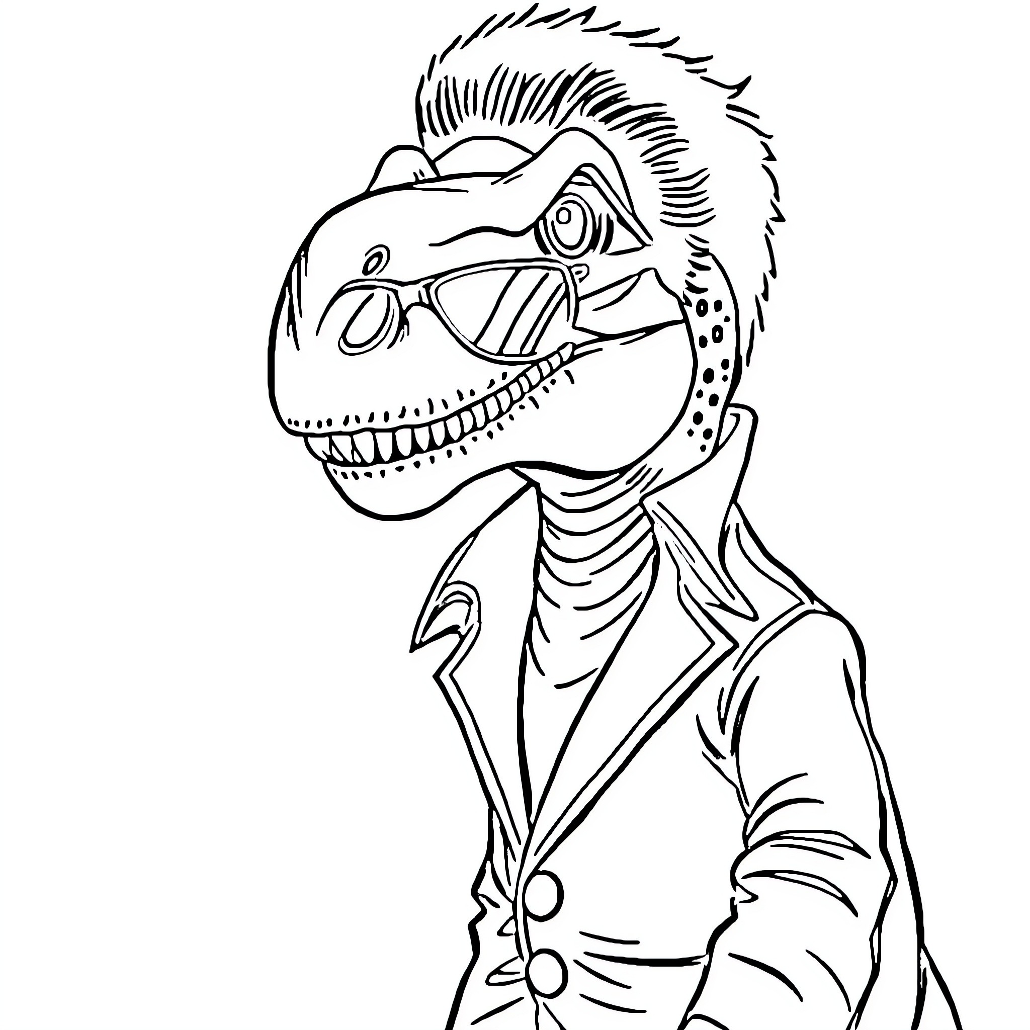 Dinosaur in a Suit Coloring Page (free black-and-white line drawing printable PDF for all, from beginners to advanced learners, including children, teens, adults, and seniors)