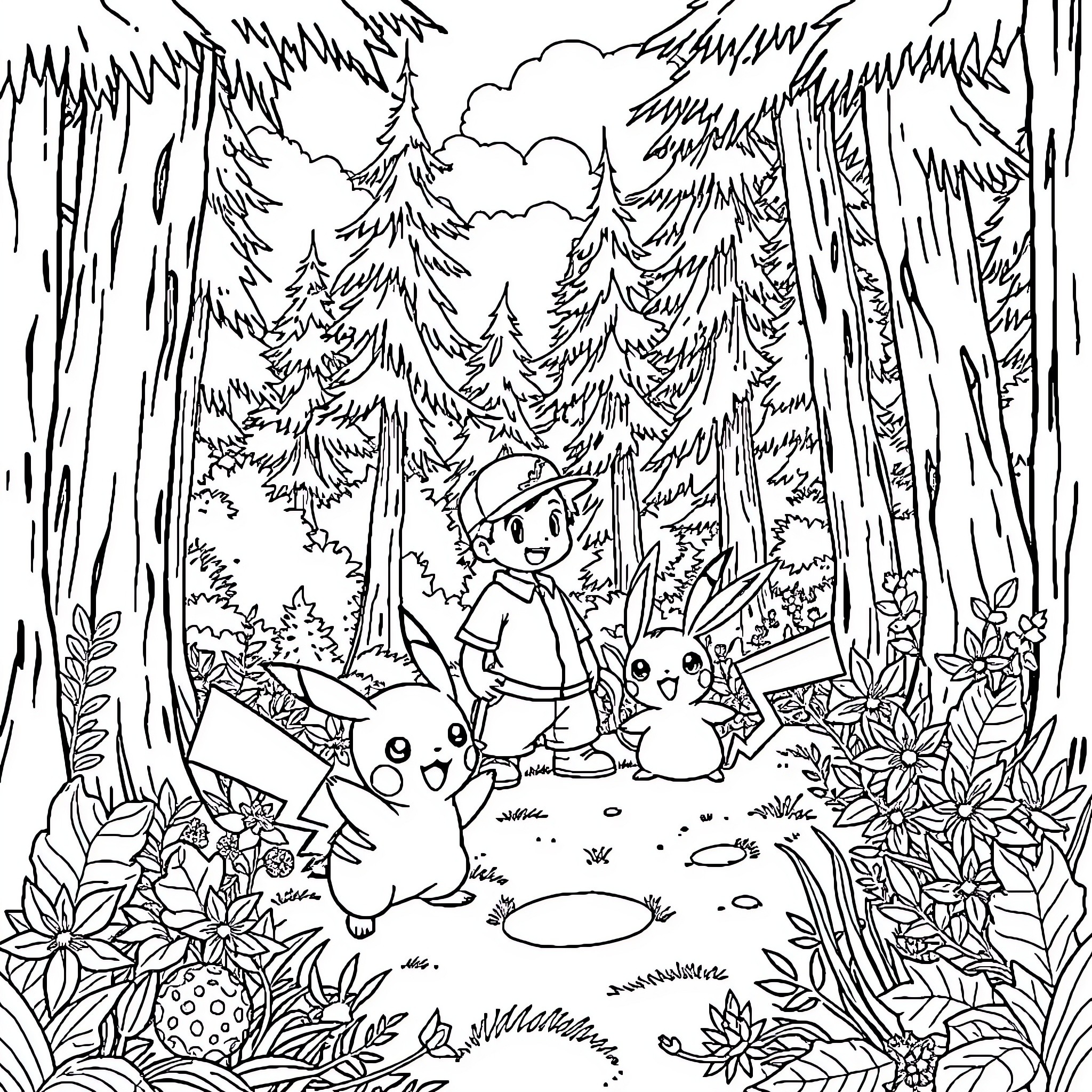 Pokémon Adventuring Through the Enchanting Forest Coloring Page (free black-and-white line drawing printable PDF for all, from beginners to advanced learners, including children, teens, adults, and seniors)